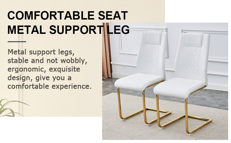 Table And Chair Set.Modern Rectangular Dining Table With Transparent Tempered Glass Tabletop And Gold Plated Metal Legs.Paried With 6 Comfortable Chairs With Pu Seats And Golden Metal Legs. Transparent,White Gold Seats 6 Glass Metal