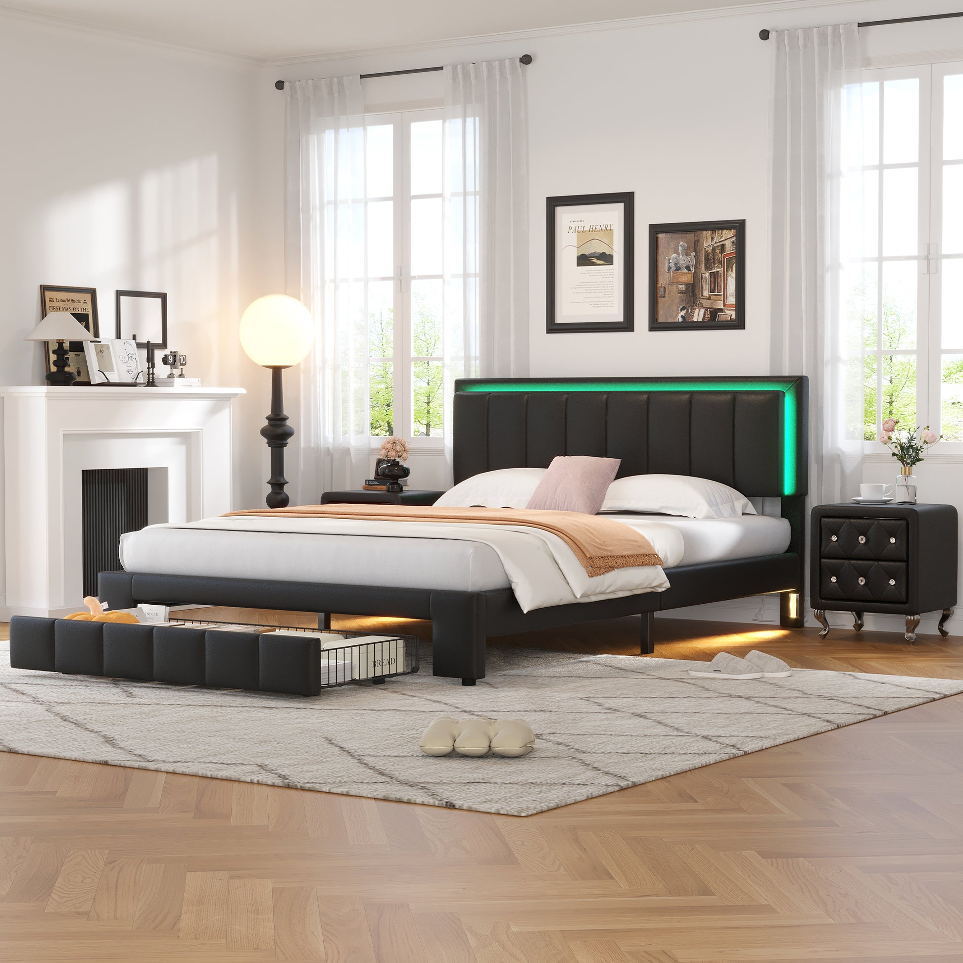 3 Pieces Bedroom Sets,Queen Size Upholstered Bed With Led Lights And Two Motion Activated Night Lights,Pu Nightstand With 2 Drawers And Crystal Handle,Black Queen Black 3 Piece Set Wood