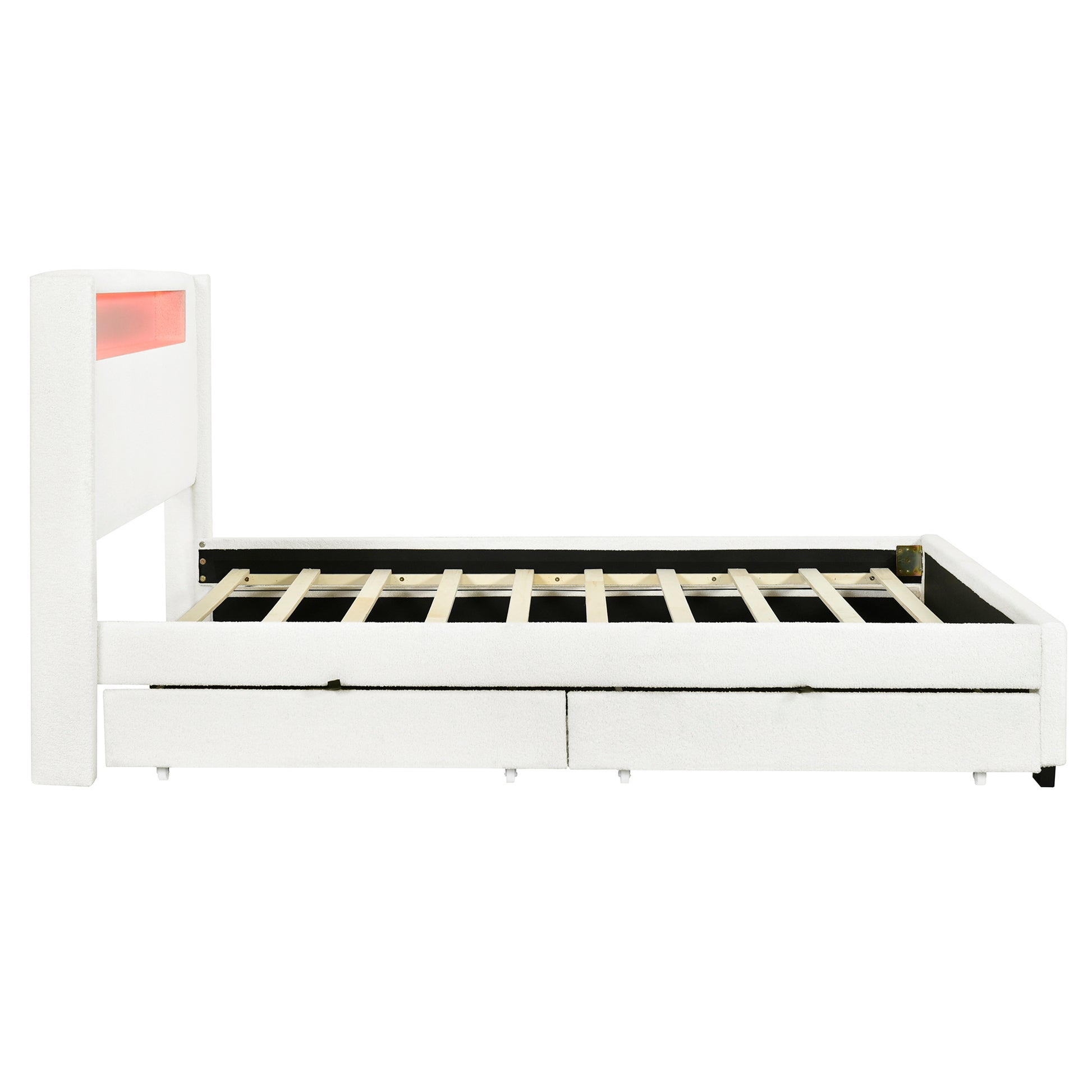 Queen Size Upholstered Platform Bed With Led Frame, With Twin Xl Size Trundle And 2 Drawers, Teddy Fleece, White White Fleece