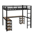 Full Xl Metal Loft Bed With Desk And Shelves, Loft Bed With Ladder And Guardrails, Loft Bed Frame For Bedroom, Black Full Xl Black Metal