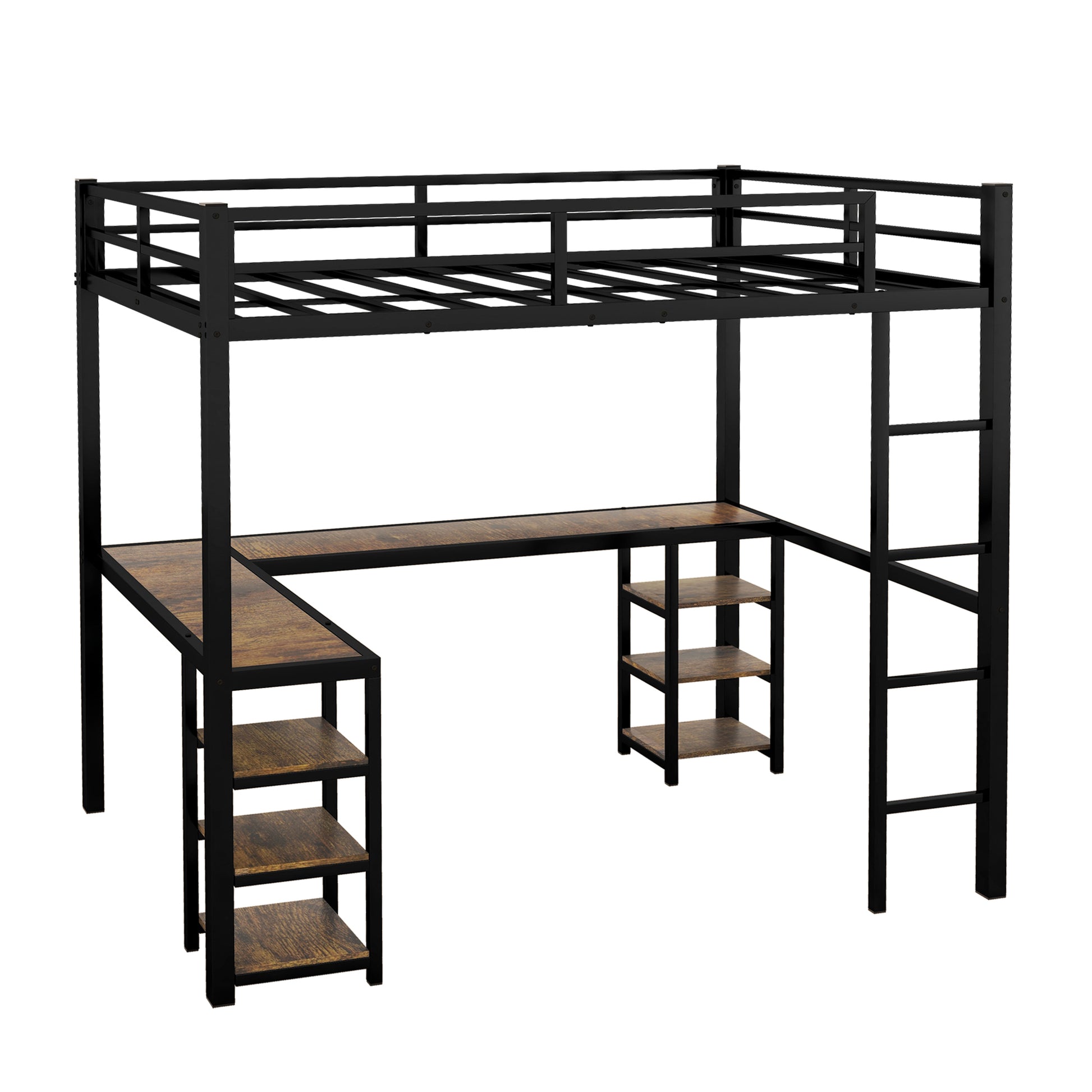 Full Xl Metal Loft Bed With Desk And Shelves, Loft Bed With Ladder And Guardrails, Loft Bed Frame For Bedroom, Black Full Xl Black Metal