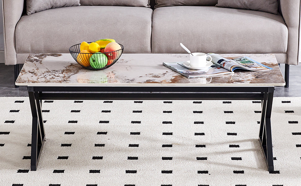 A Modern Minimalist Style Marble Patterned Coffee Table With Black Metal Legs. Computer Desk. Game Table. Tea Table. Ct Xx White Black Sintered Stone