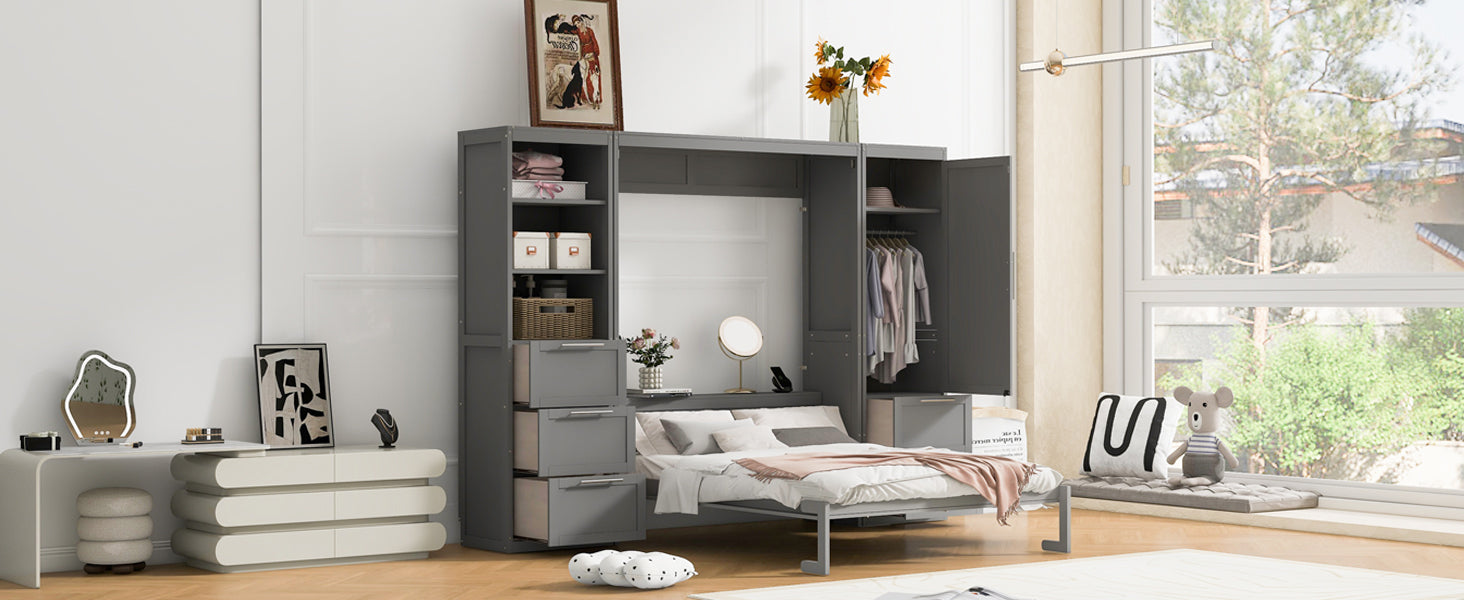 Queen Size Murphy Bed Wall Bed With Closet ,Drawers And Shelves,Gray Queen Gray Mdf Lvl