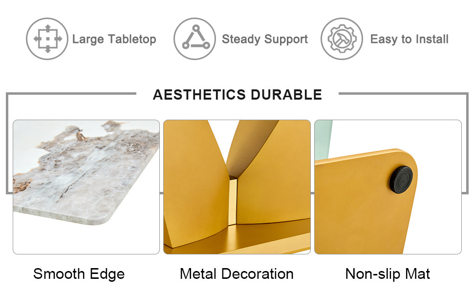 Modern Minimalist Rectangular Dining Table, 0.4 "Thick, Imitation Marble Patterned Glass Tabletop, Gold Mdf Legs. "71" * 35.4" *30" Gold Mdf Glass