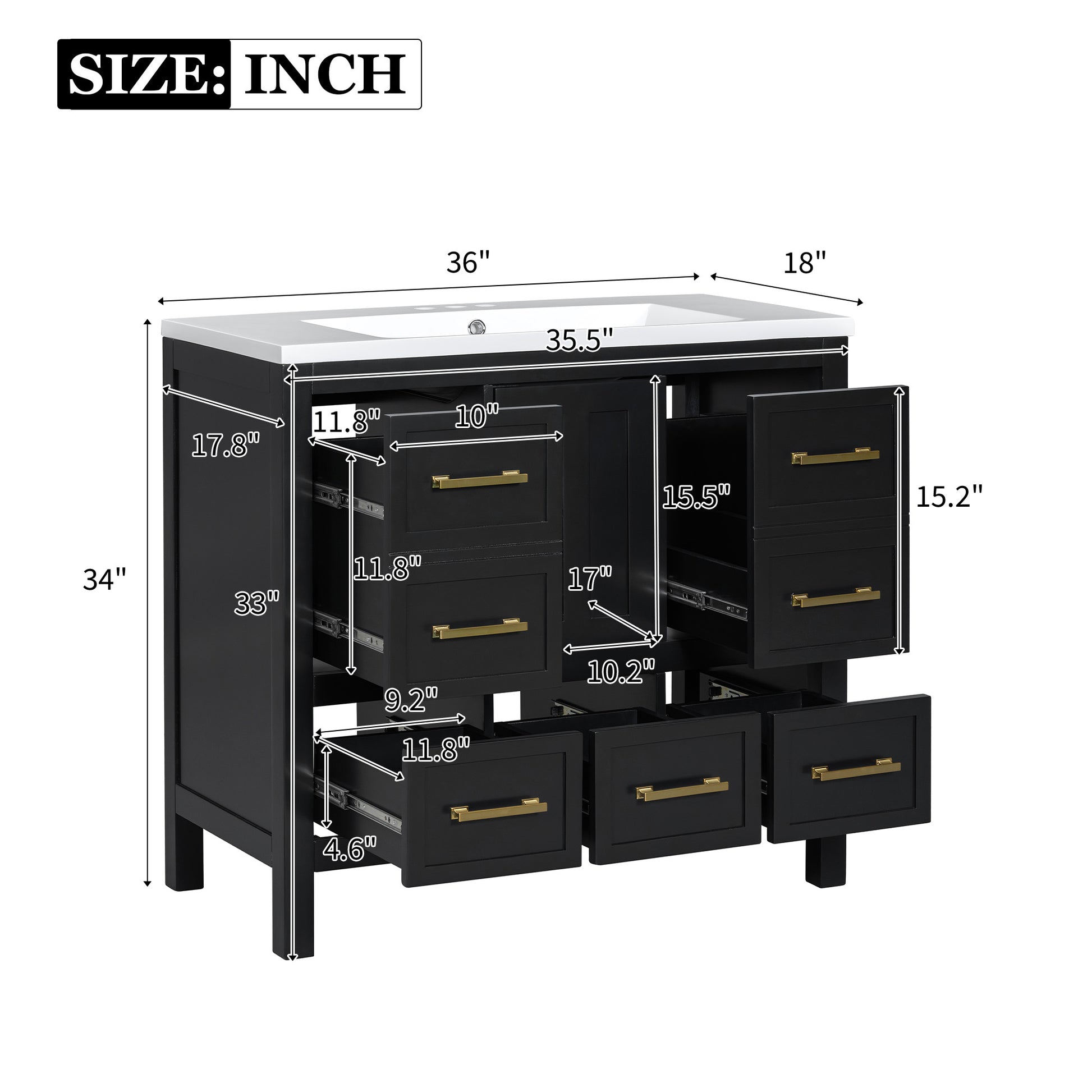 36'' Bathroom Vanity With Resin Sink Combo, Solid Wood Frame Bathroom Storage Cabinet, Freestanding Vanity Set With 5 Drawers& Soft Closing Doors Same As N710S136002B Black Bathroom Solid Wood Mdf Resin