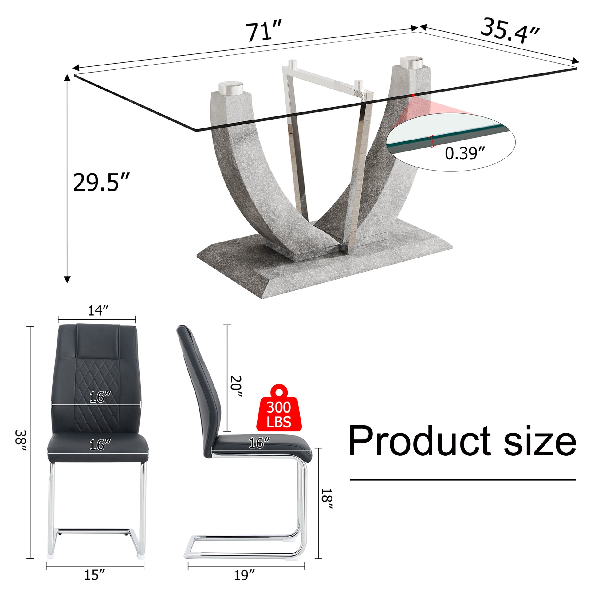 Table And Chair Set, Large Modern Rectangular Glass Table, Can Accommodate 6 8 People, Equipped With A 0.39 Inch Tempered Glass Tabletop And Large Mdf Table Legs, Comfortable And Soft Chairs. Transparent Mdf Glass