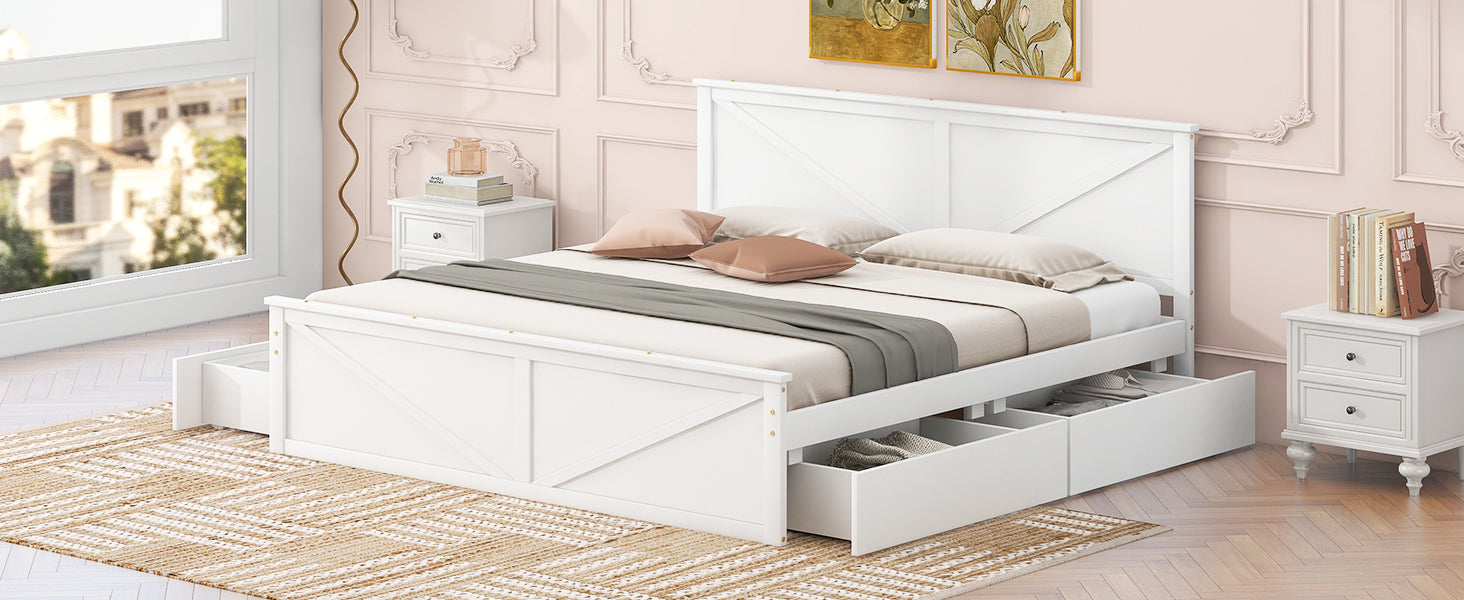 King Size Wooden Platform Bed With Four Storage Drawers And Support Legs, White King White Pine