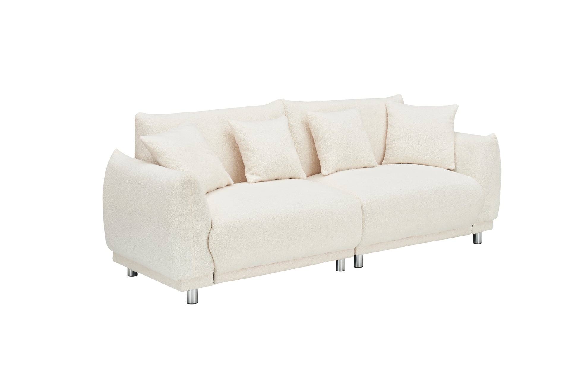 The 86.6 Inch Teddy Wool Beige Sofa With Four Throw Pillows And Hardware Feet Can Sit Comfortably In An Apartment Bedroom Without Taking Up Space Beige Fabric 2 Seat