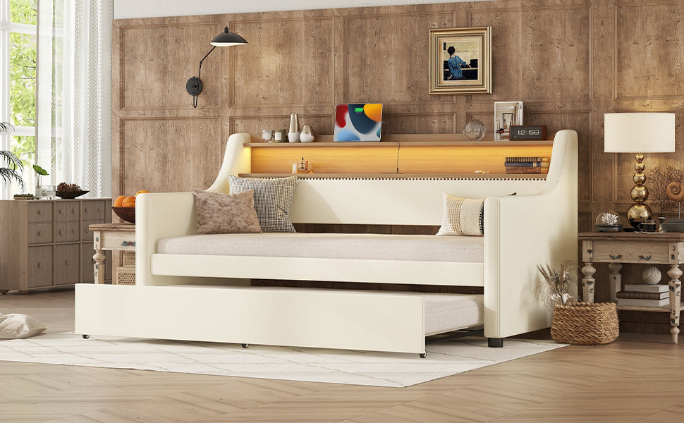 Twin Size Daybed With Trundle, Upholstered Daybed With Charging Station And Led Lights, White Twin White Pu Leather
