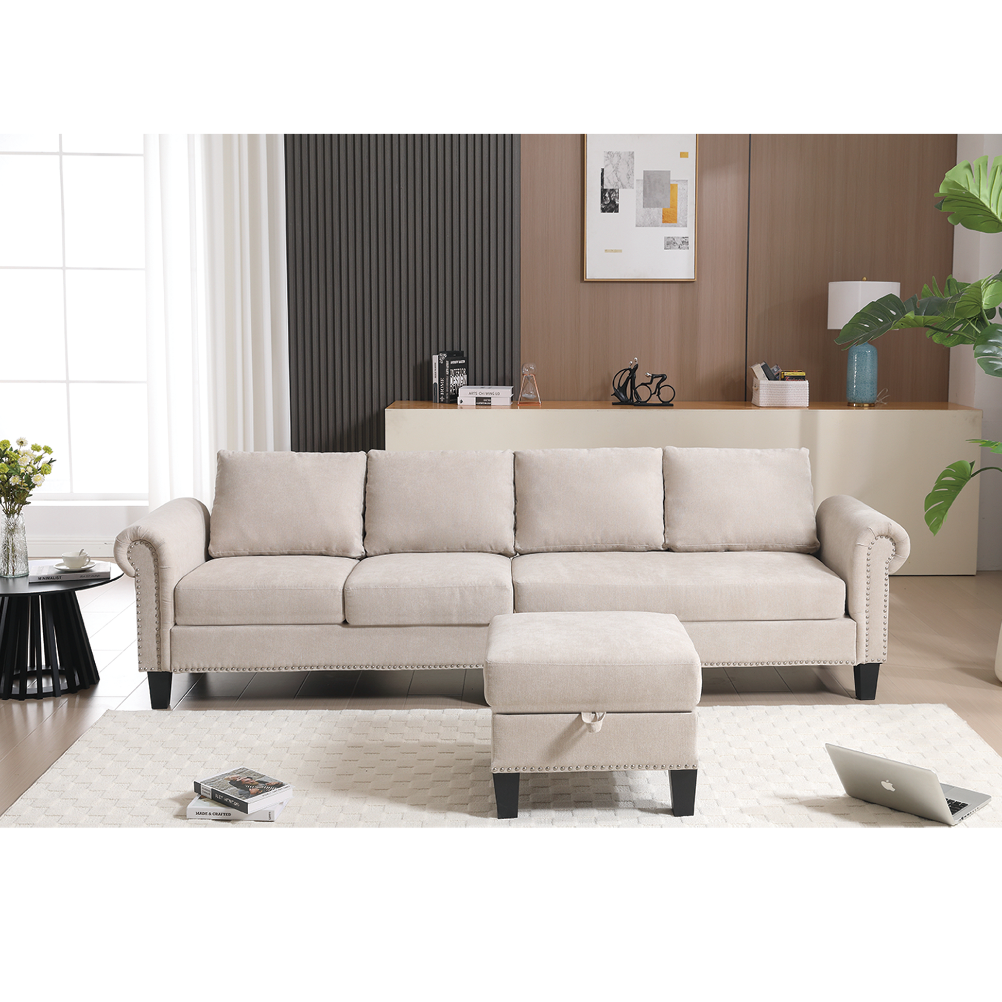 Arrived Convertible Sectional Sofa With Storage,L Shaped Sofa,Four Seater Sofa,Modern Linen Fabric Sectional Couches For Living Room, Beige Beige Polyester Wood Primary Living Space Medium Soft Cushion Back Modern Wood 4 Seat