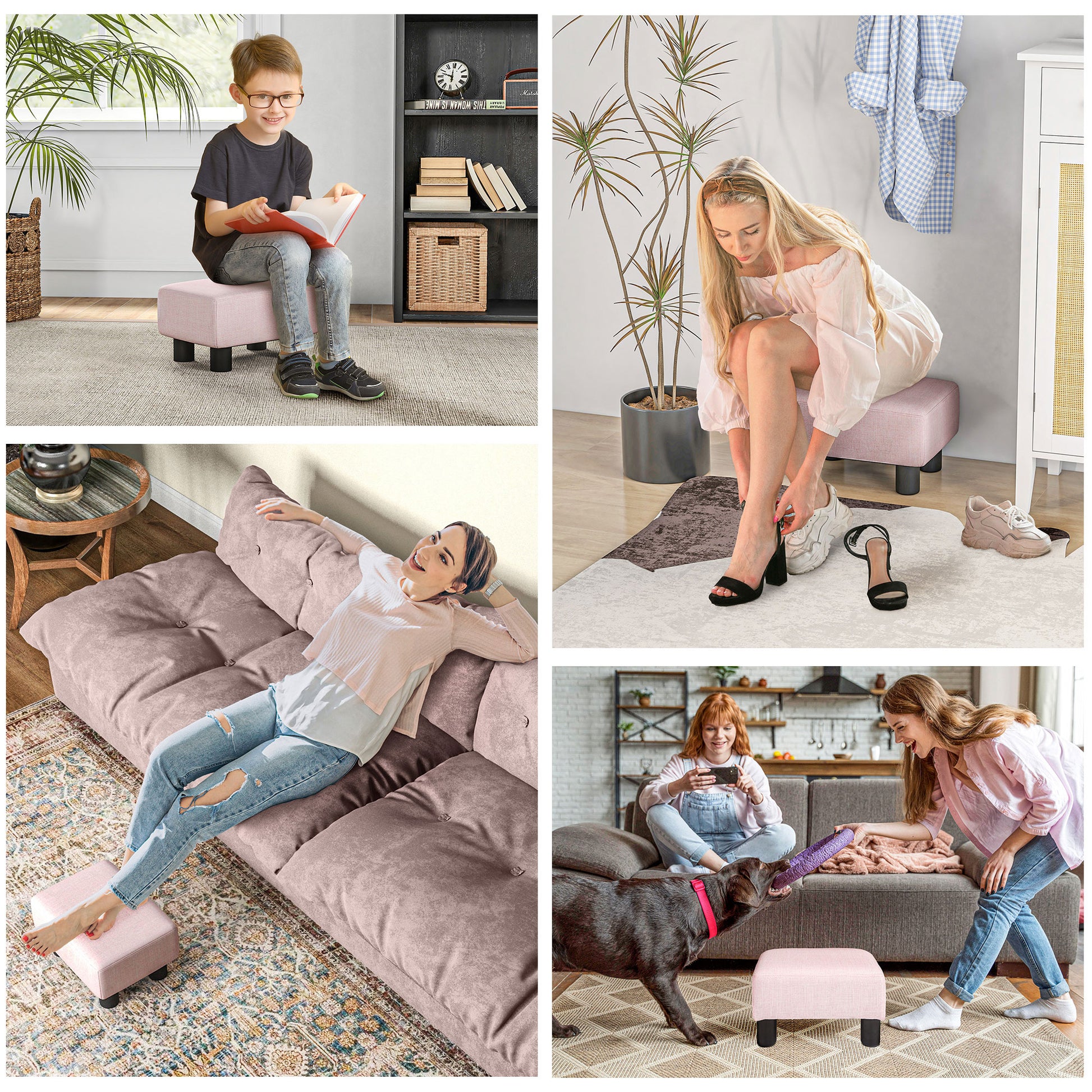 Homcom Ottoman Foot Rest, Small Foot Stool With Linen Fabric Upholstery And Plastic Legs, Cube Ottoman For Living Room, Pink Pink Linen