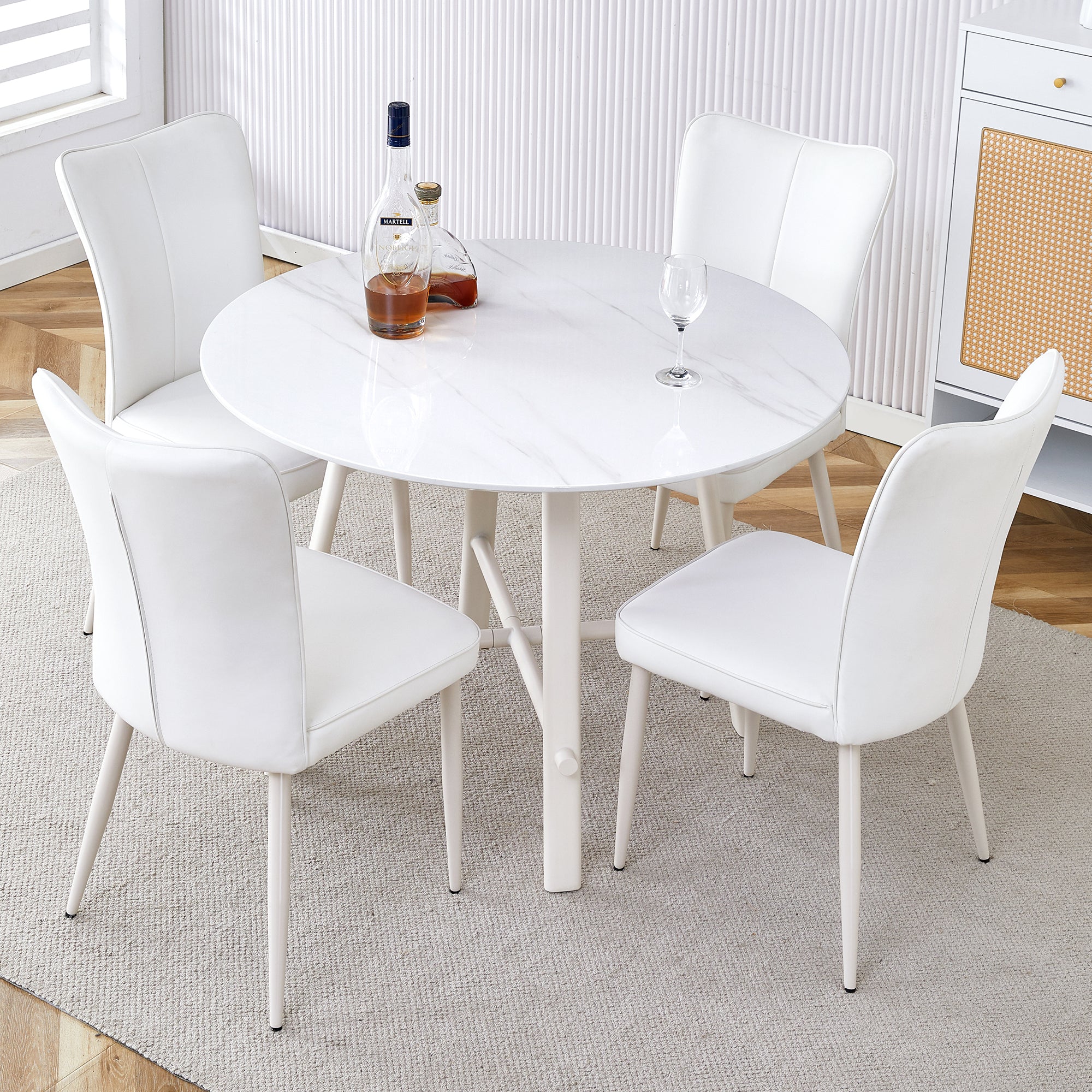 Table And Chair Set, Mdf Desktop, White Metal Table Legs, Stable And Beautiful, Suitable For Most Styles Of Home. Modern Simple Dining Table, Comfortable Seating. White Seats 4 Mdf