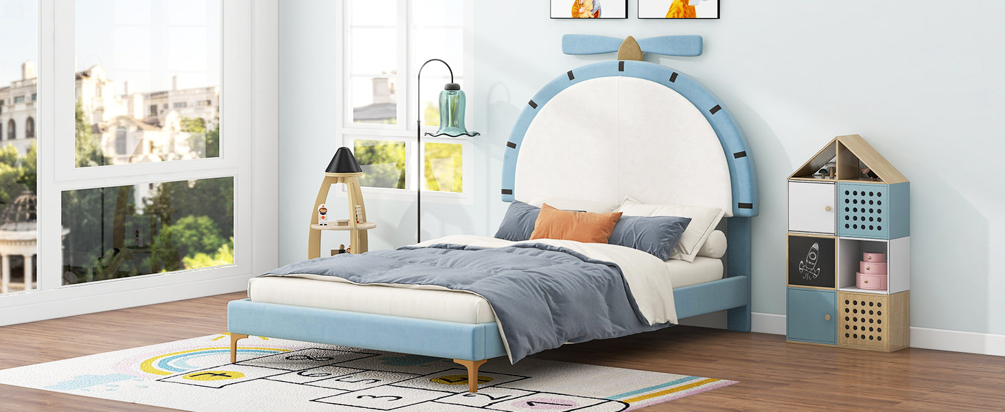 Twin Size Upholstered Platform Bed With Alarm Clock Shaped Headboard, Blue Box Spring Not Required Twin Blue Wood Bedroom Bed Frame Velvet Upholstered