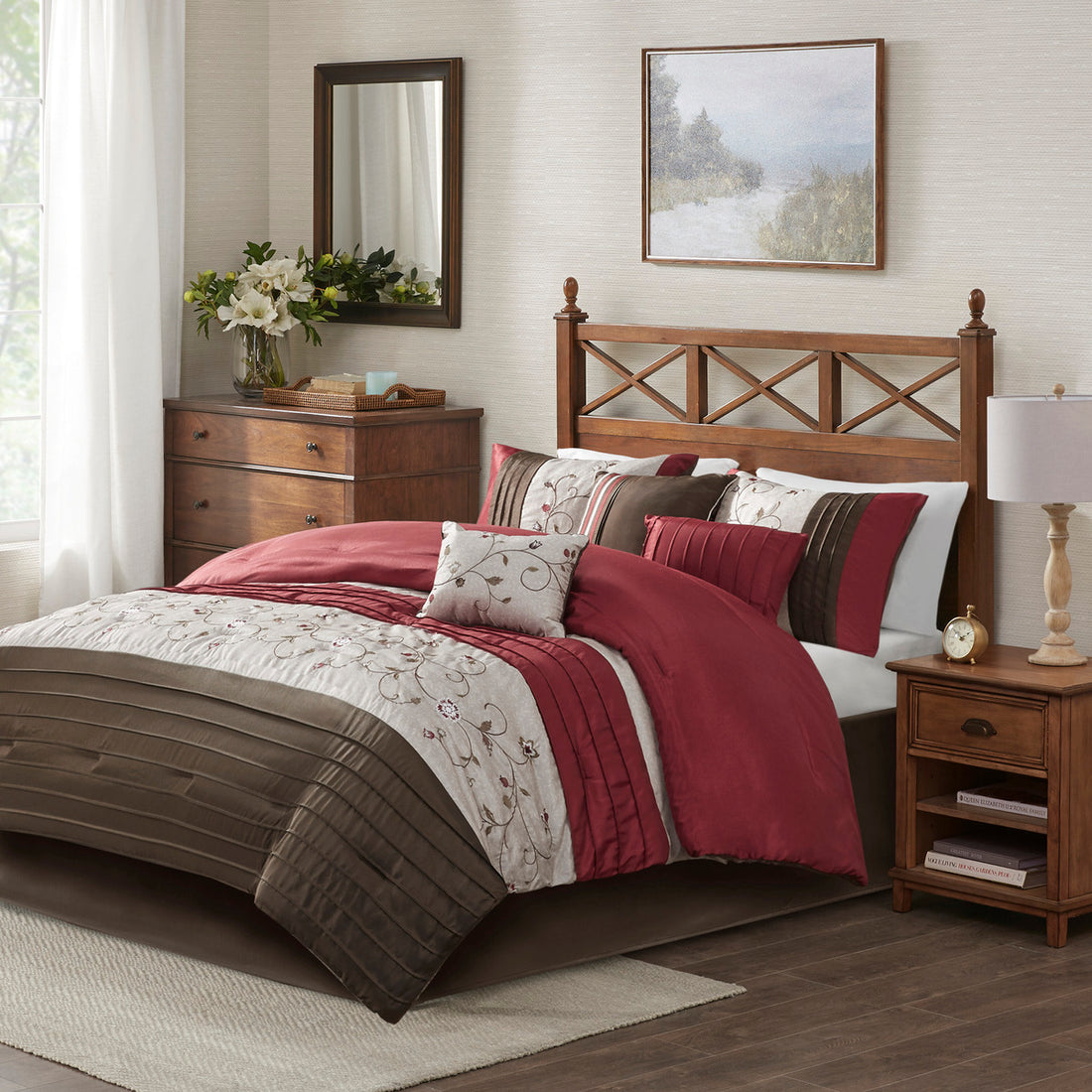 Embroidered 7 Piece Comforter Set Red King King Red Polyester