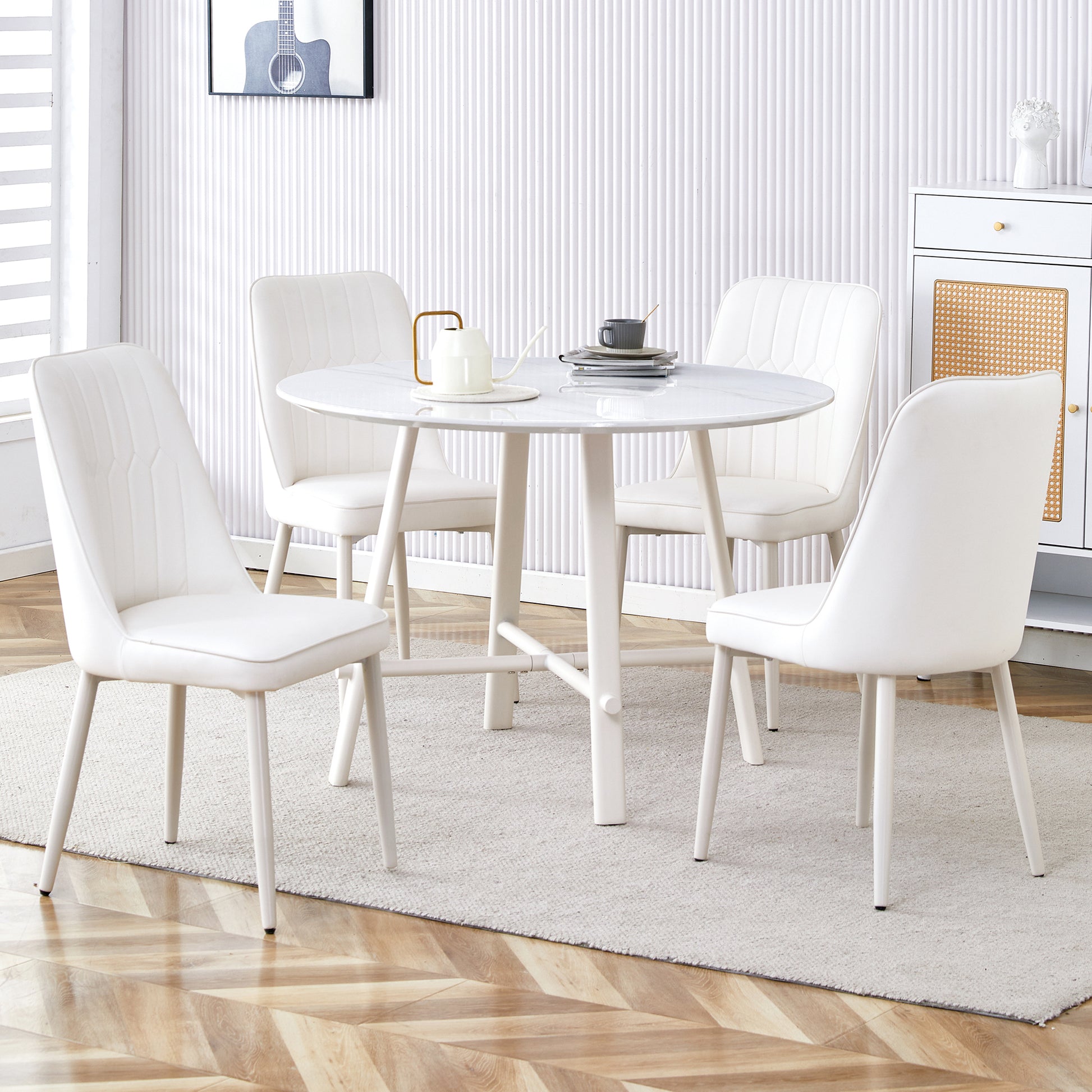 Table And Chair Set, Mdf Desktop, White Metal Table Legs, Stable And Beautiful, Suitable For Most Styles Of Home. Modern Simple Dining Table, Comfortable Seating. White Seats 4 Mdf
