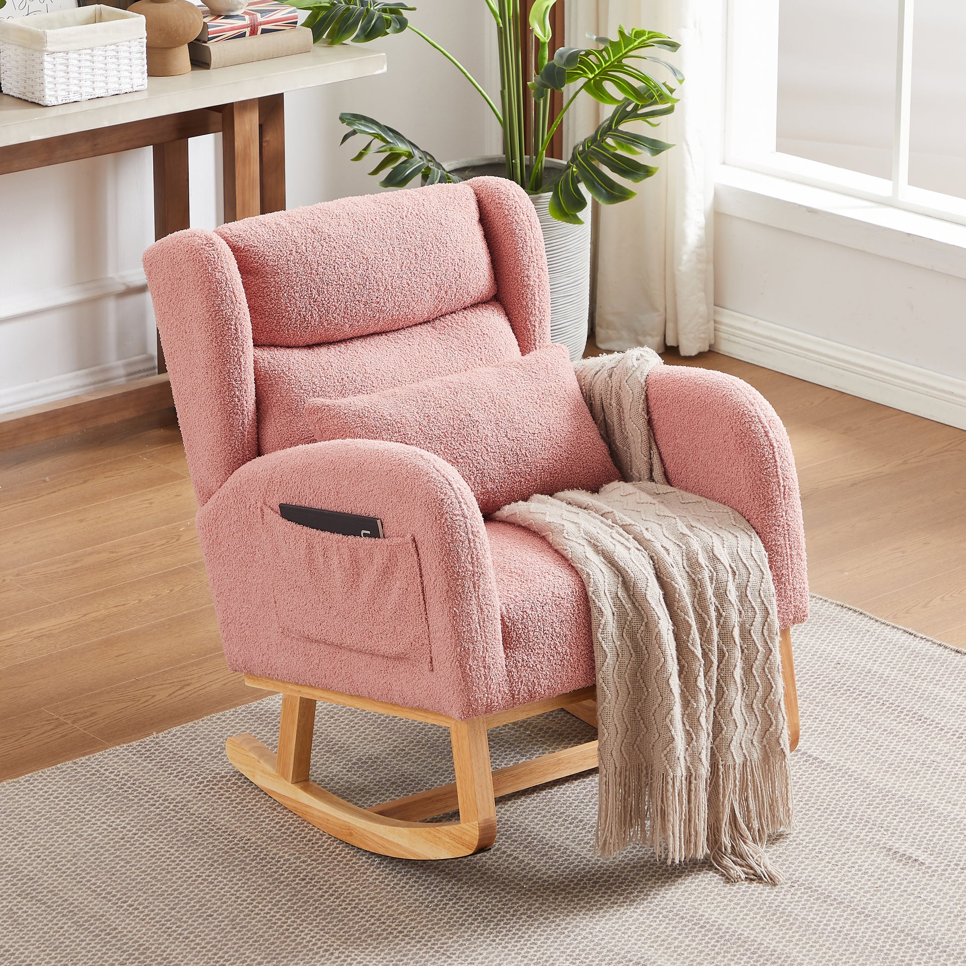 27.2"W Modern Accent High Backrest Living Room Lounge Arm Rocking Chair, Two Side Pocket Pink Foam Fabric