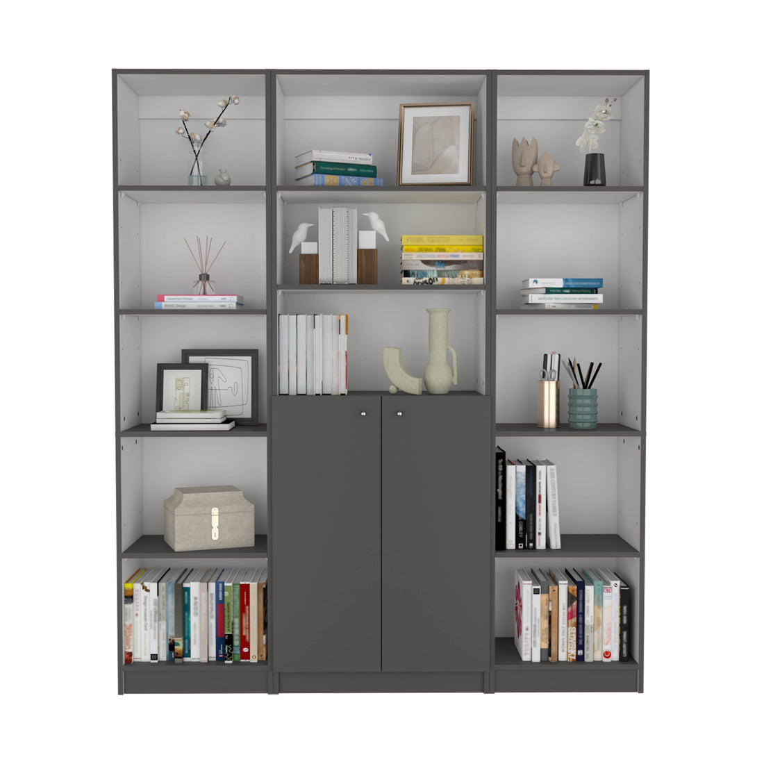 June 3 Piece Home Bookcase Set, 60" Wide With 13 Shelves And 2 Door Cabinetliving Room Set Matt Gray White Multicolor Particle Board
