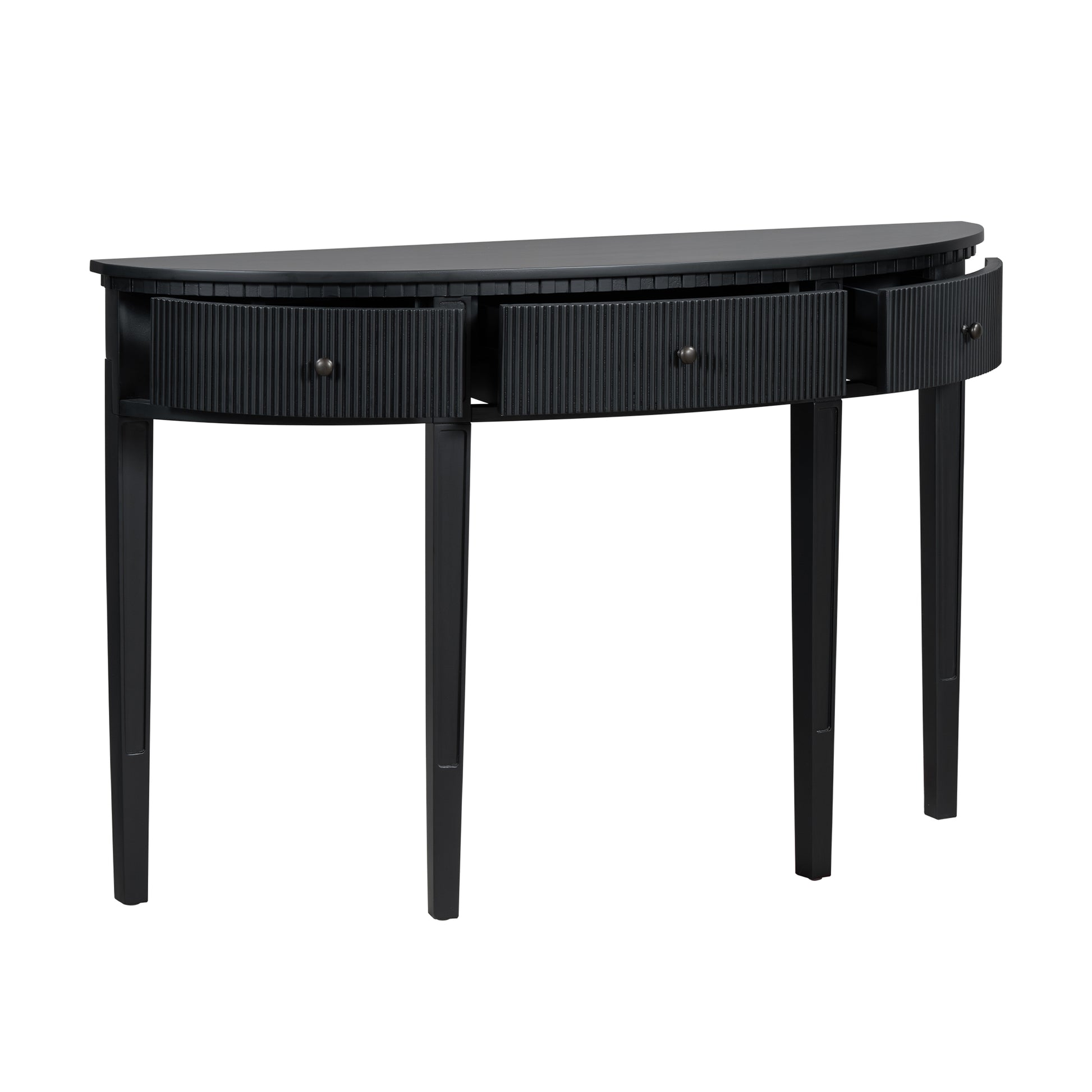 Distinctive Features Of Pine Veneer Console Table With Vertical Stripe Drawer Fronts And Four Legs Black Primary Living Space Minimalist Mdf