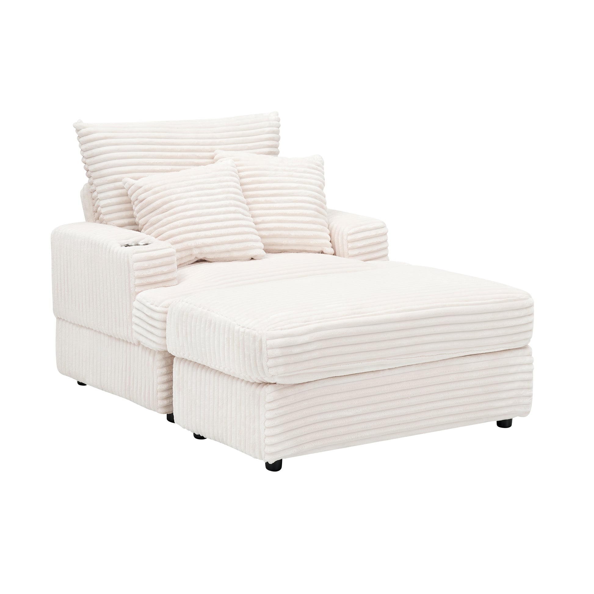 39 Inch Spring Upholstered Armchair And Ottoman Set Comfortable Single Sofa With Cup Holder And Corduroy Fabric, Perfect For Living Room Or Bedroom White Corduroy 1 Seat