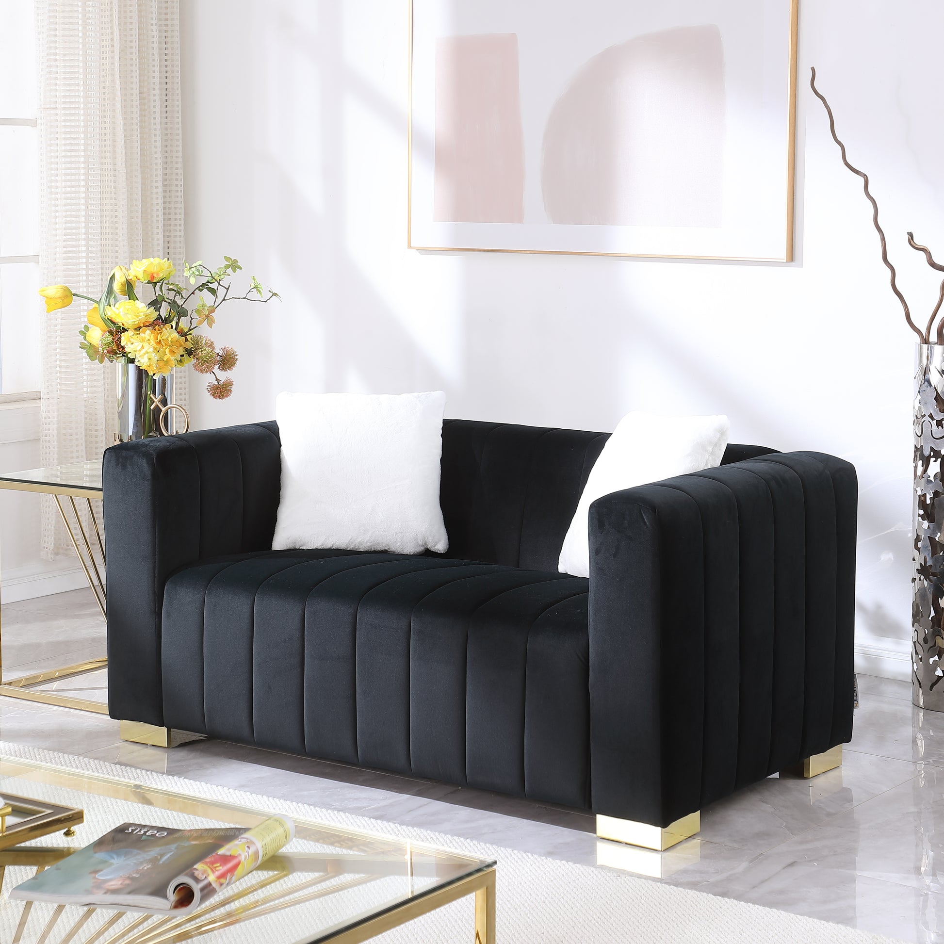 A Modern Channel Sofa Take On A Traditional Chesterfield,Black Color,Seater Black Velvet 2 Seat