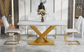 Table And Chair Set, The Table Is Equipped With A Marble Patterned Mdf Tabletop And Gold Table Legs.Dining Chairs,Gold Legged Upholstered Chairs Made Of Artificial Leather. Gold White Seats 4 Mdf