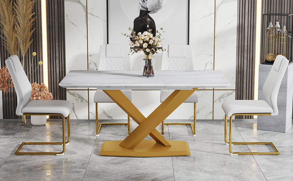 Table And Chair Set, The Table Is Equipped With A Marble Patterned Mdf Tabletop And Gold Table Legs.Dining Chairs,Gold Legged Upholstered Chairs Made Of Artificial Leather. Gold White Seats 4 Mdf