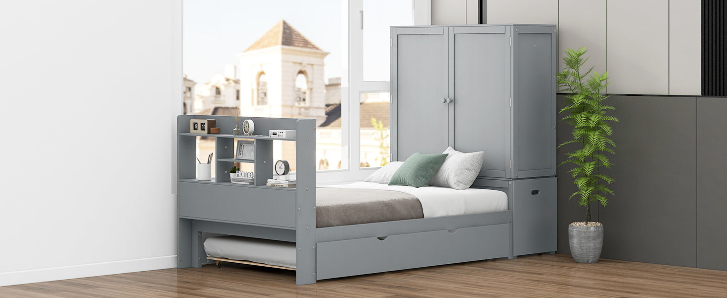 Twin Size Platform Bed With Storage Headboard And Footboard, Pull Out Shelves And Twin Size Trundle, Gray Box Spring Not Required Twin Gray Wood Bedroom Bed Frame Solid Wood Mdf