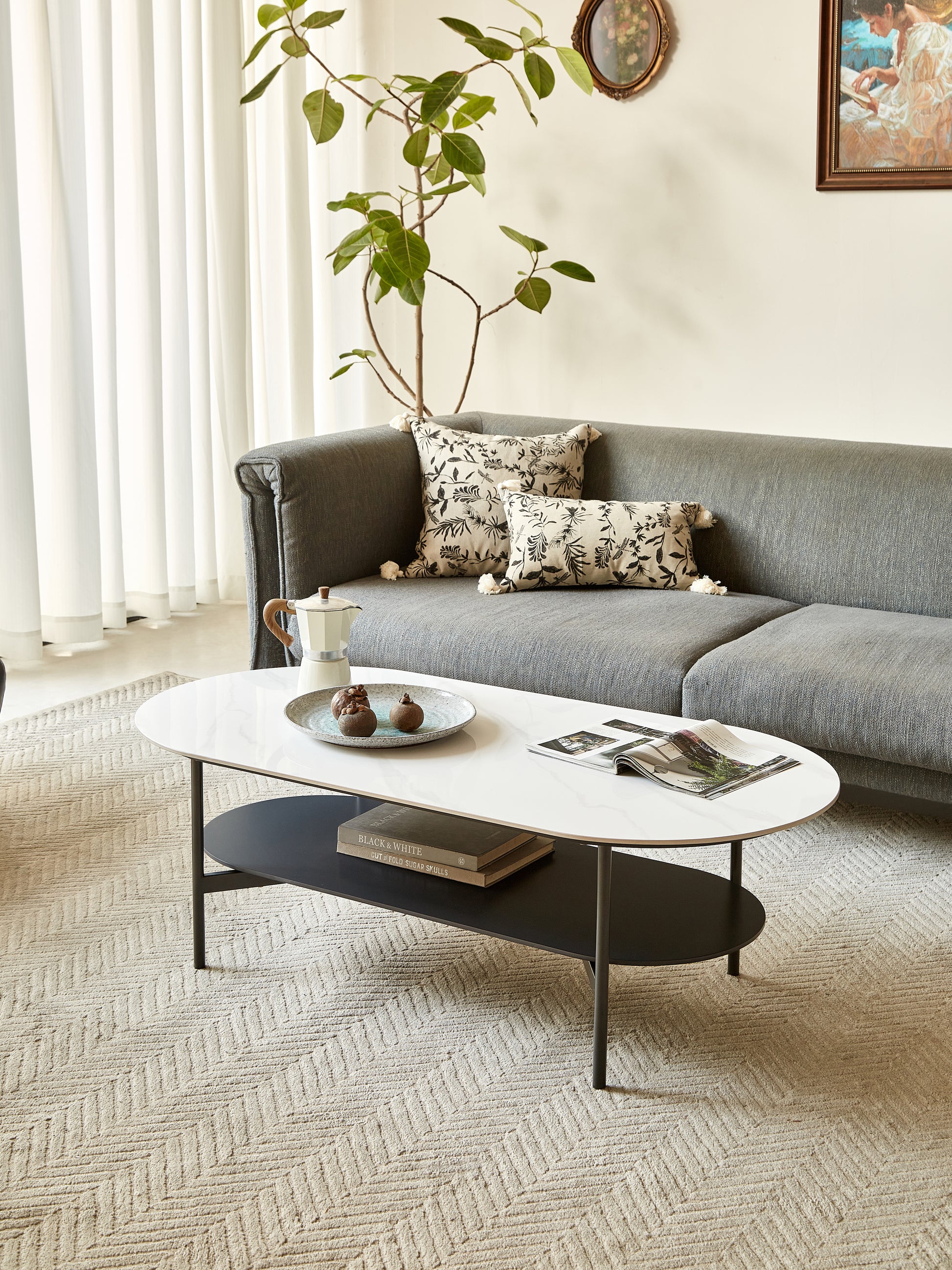 Coffee Table Ceramic Coffee Table, Mdf Painting Double Layer Coffee Table For Living Room, White Ceramic And Coffee Brown Bottom Shelf Black White Ceramic Mdf