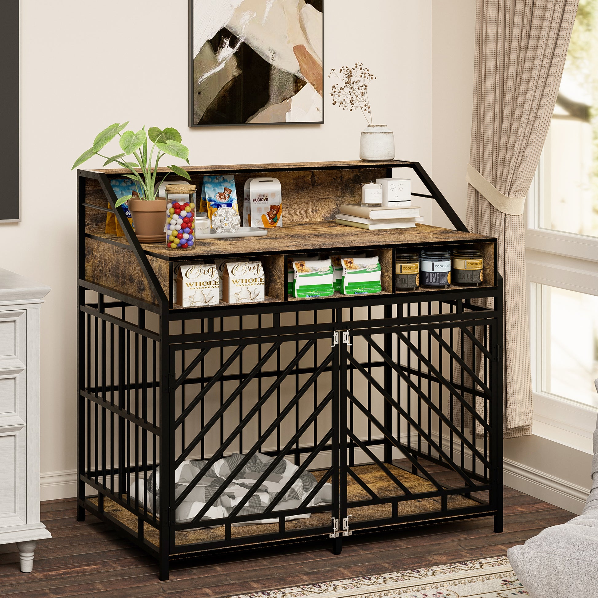 43.3 Inch Dog Crate Furniture For Large Dogs,Wooden Dog Crate With Divider,Double Door Dog Kennel With Three Drawers Storages,Heavy Duty Dogs Decorative Pet House For Large Medium Dogs ,Rustic Brown