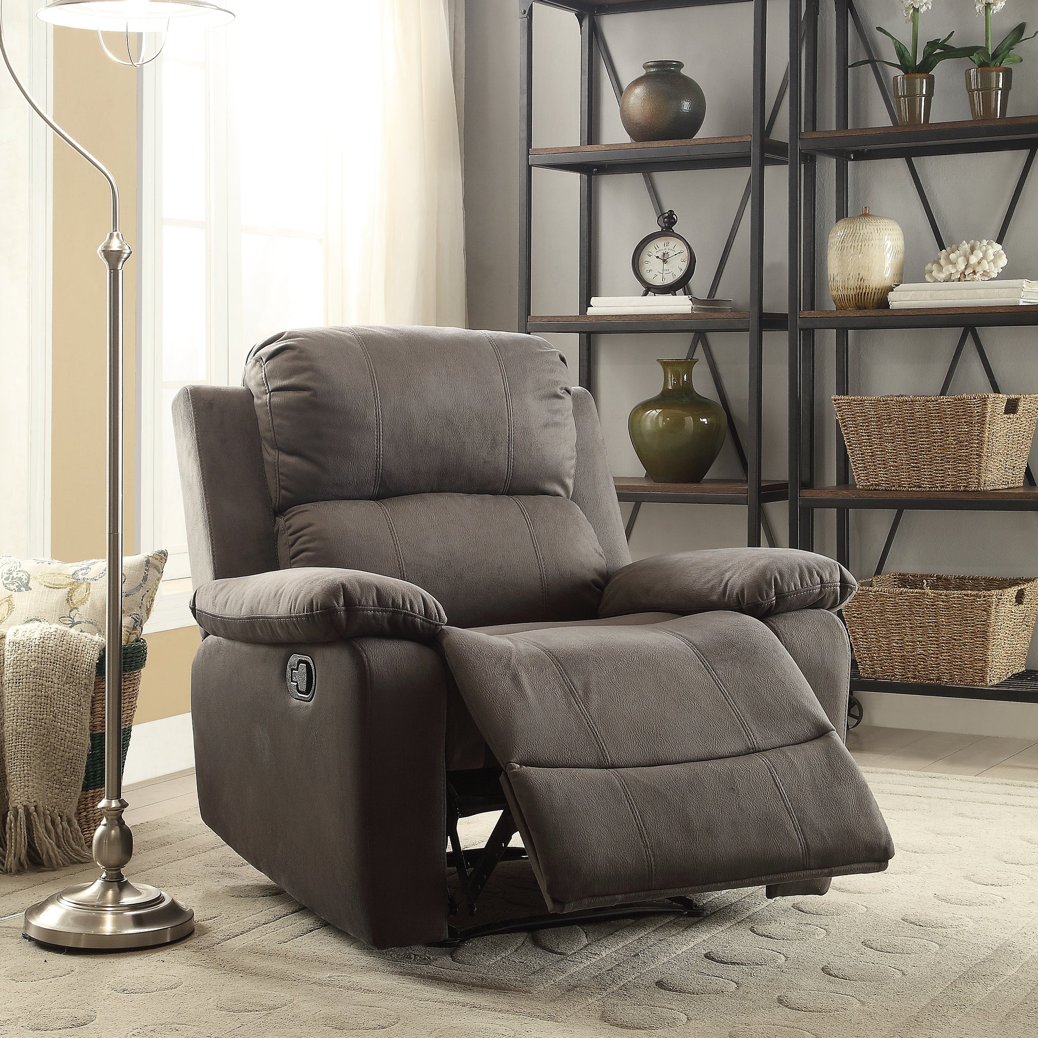 Charcoal Polished Recliner With Pillow Top Arm Charcoal Microfiber Manual Handle Metal Primary Living Space Tight Back Handle Pillow Top Arms Fabric Metal