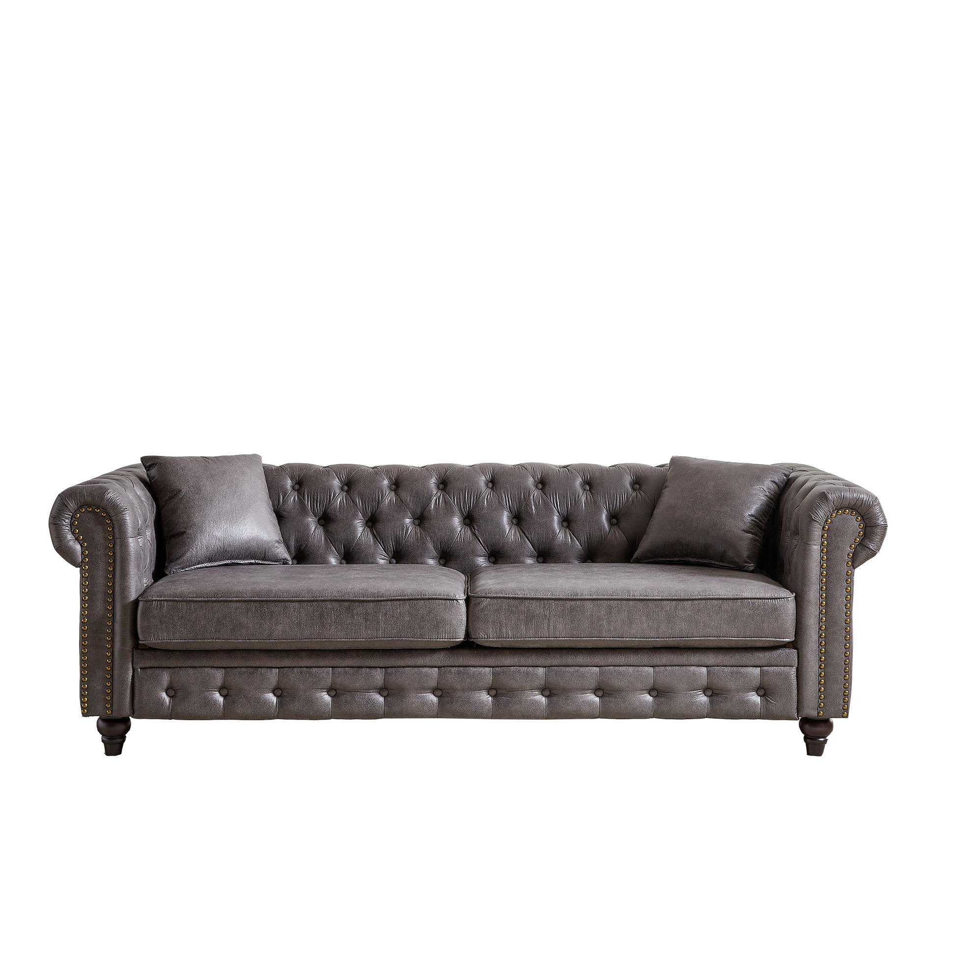 Fx 85.5"Living Room With Tech Fabric Chesterfield Sofa With Rolled Arms 3 Seater Sofa With Button Design And 2 Cushions For Apartment, Office, Living Room Grey Wood Primary Living Space Pine Foam Fabric 3 Seat