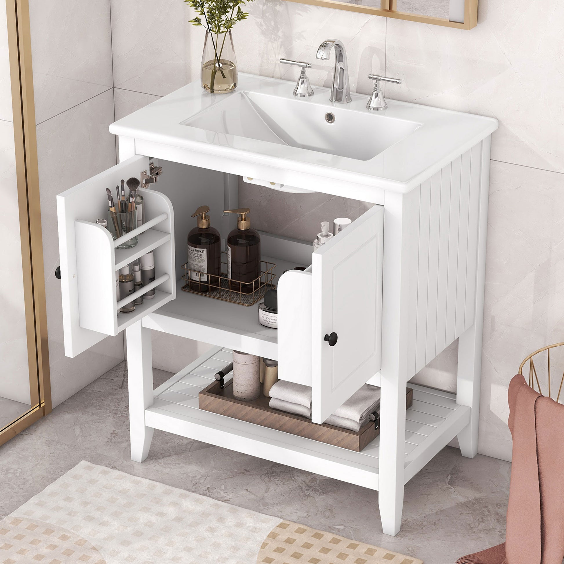 30" White Modern Sleek Bathroom Vanity Elegant Ceramic Sink With Solid Wood Frame Open Style Shelf & Door Shelf Design White Solid Wood