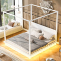 King Size Wood Led Canopy Bed ,Canopy Platform Bed With Support Slats, No Box Spring Needed, Whitekig King White Plywood