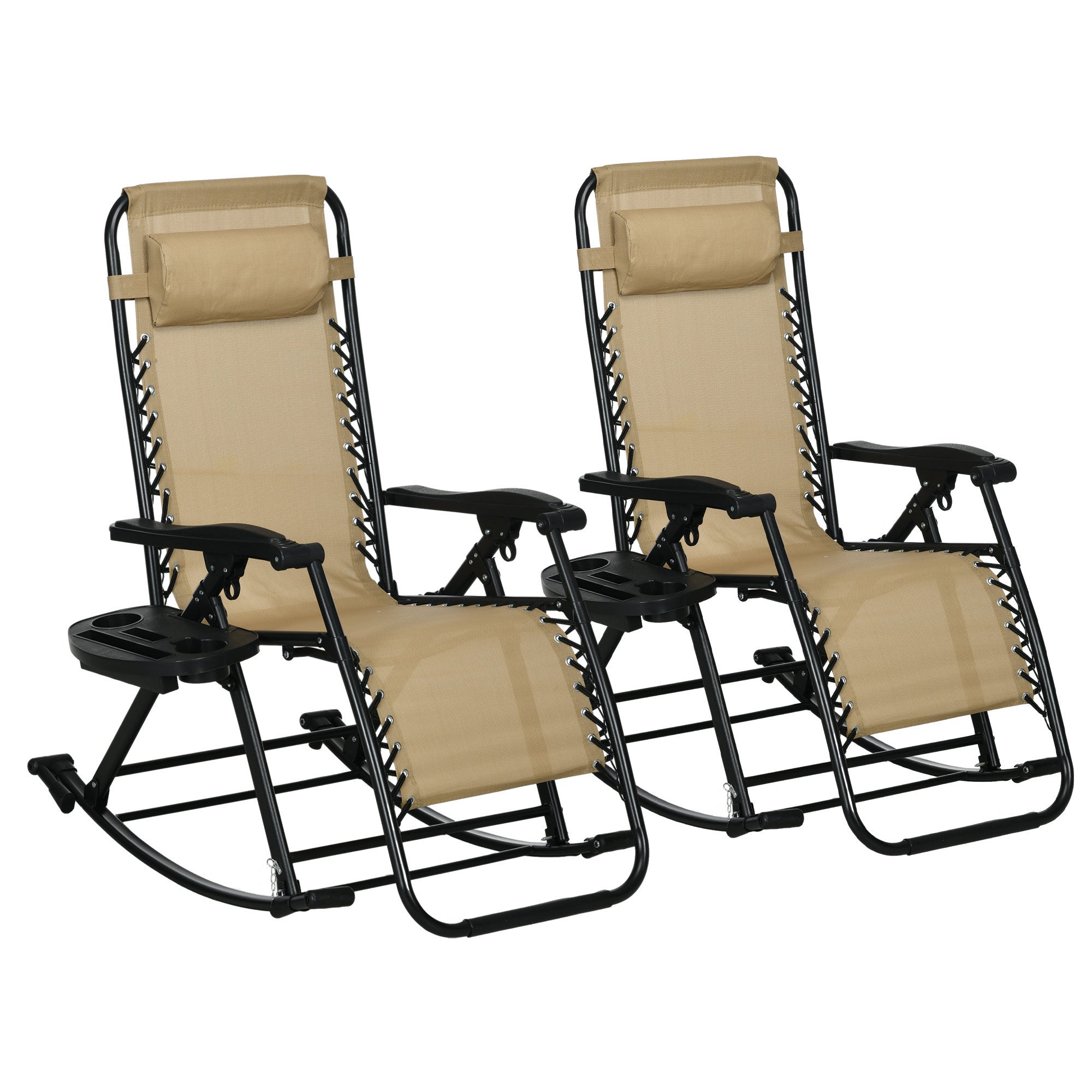 Outsunny 2 Pieces Outdoor Rocking Chairs, Foldable Reclining Zero Gravity Lounge Rocker With Pillow, Cup & Phone Holder, Combo Design With Folding Legs, Beige Beige Steel