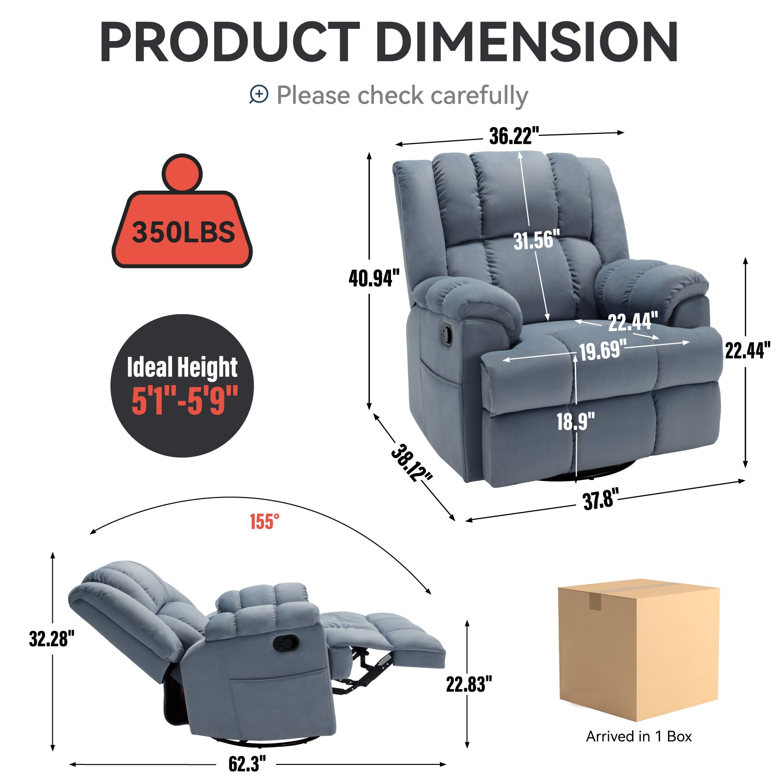 Manual Recliner Chair With Rocker And Swivel In Fabric For Living Room, Blue Blue Polyester Manual Handle Metal Primary Living Space Medium Firm Cushion Back Heavy Duty American Design Pine Pillow