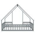 Full Wood House Shaped Floor Bed With Fence, Guardrails,Grey Full Grey American Design Pine