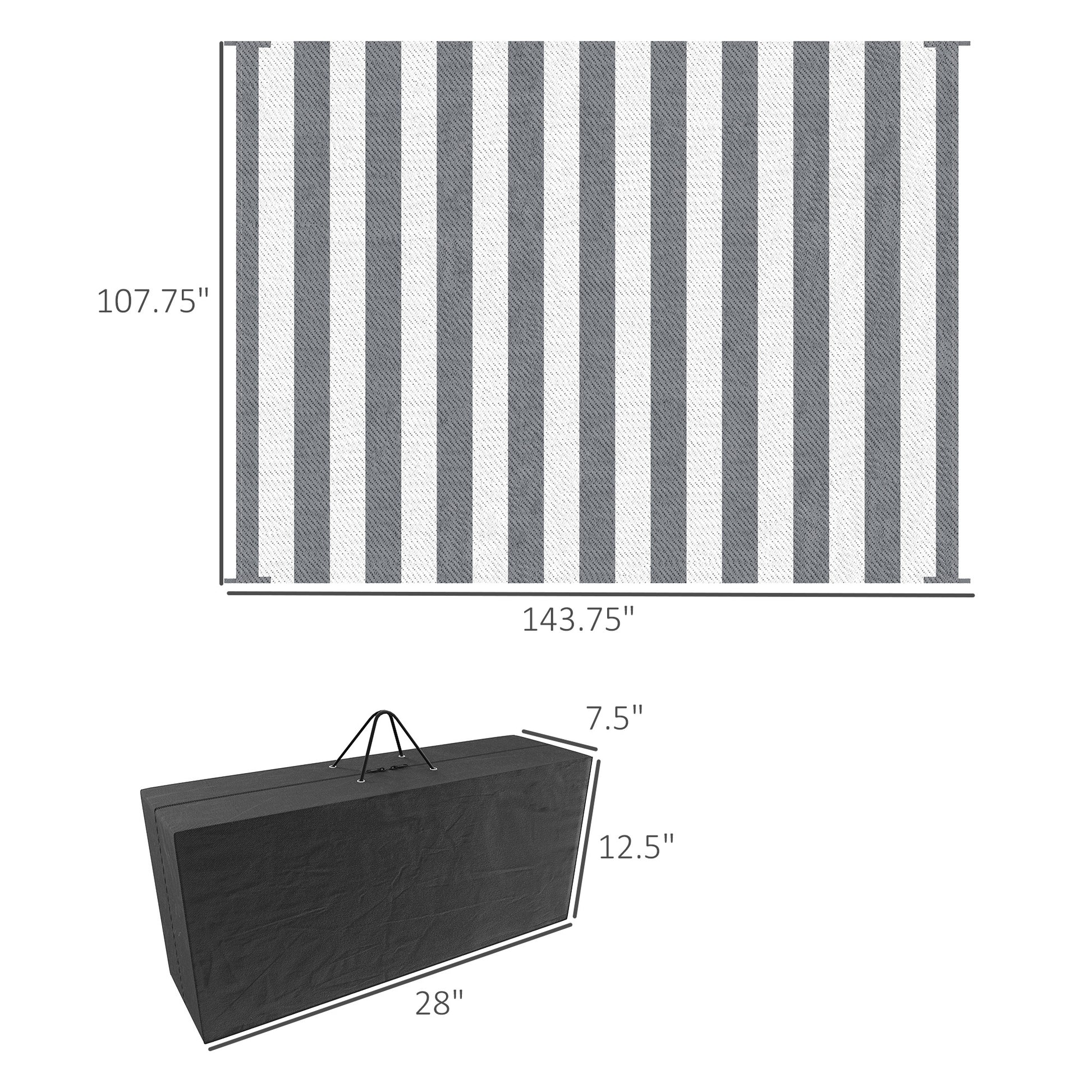 Outsunny Reversible Outdoor Rug, 9' X 12' Waterproof Plastic Straw Floor Mat, Portable Rv Camping Carpet With Carry Bag, Large Floor Mat For Backyard, Deck, Picnic, Beach, Gray & White Striped Multicolor Polypropylene