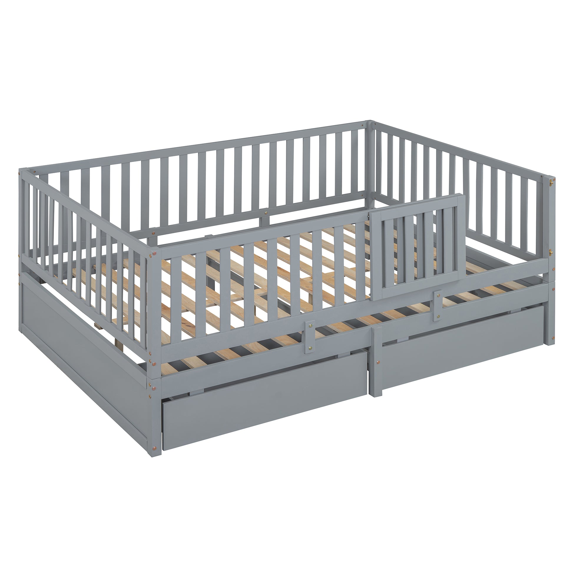 Full Size Wood Daybed With Fence Guardrails And 2 Drawers, Split Into Independent Floor Bed & Daybed, Gray Old Sku :Lp000882Aae Full Gray Solid Wood Mdf