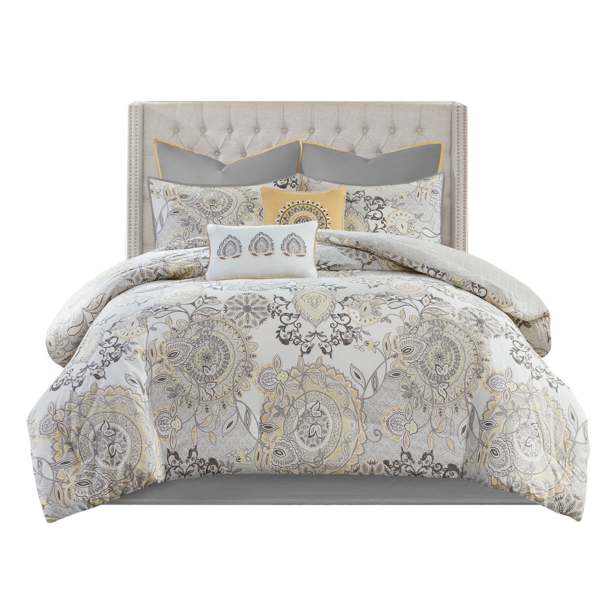 8 Piece Cotton Floral Printed Reversible Comforter Set Yellow King King Yellow Cotton