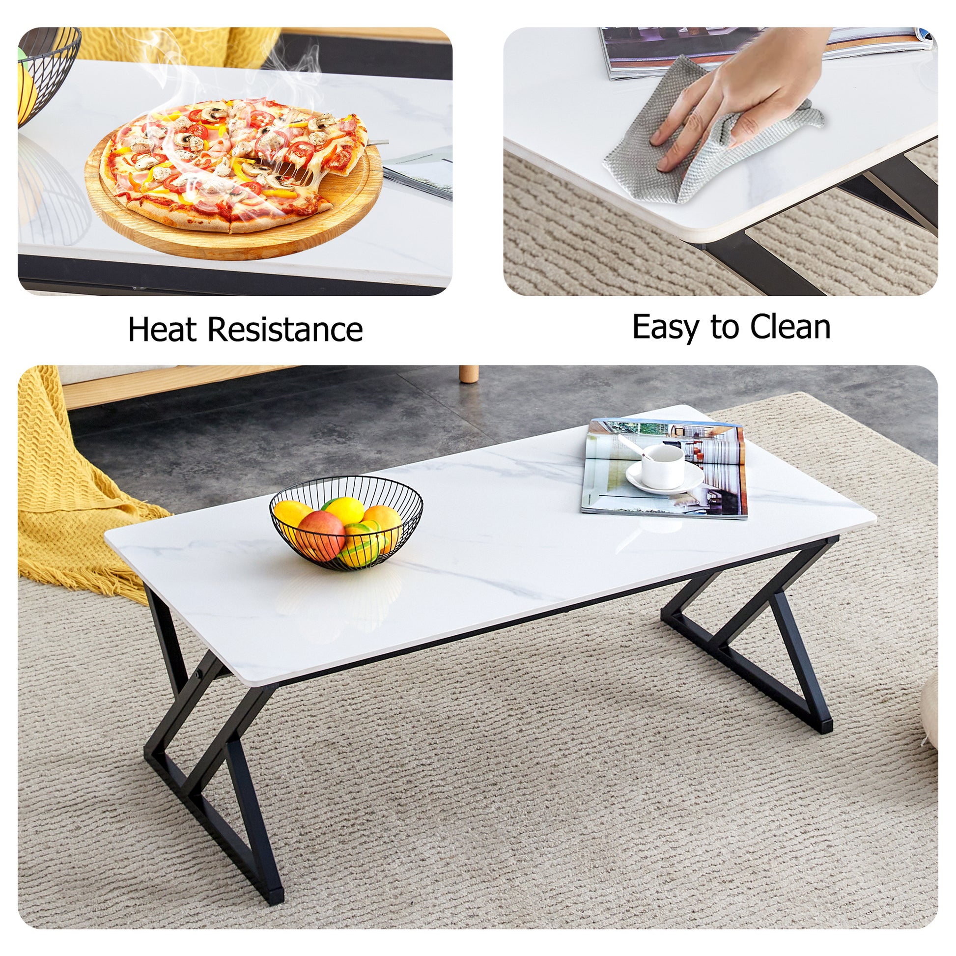 A Modern Minimalist Style White Marble Patterned Coffee Table With Black Metal Legs. Computer Desk. Game Table. Tea Table. Ct Xx White Black Sintered Stone