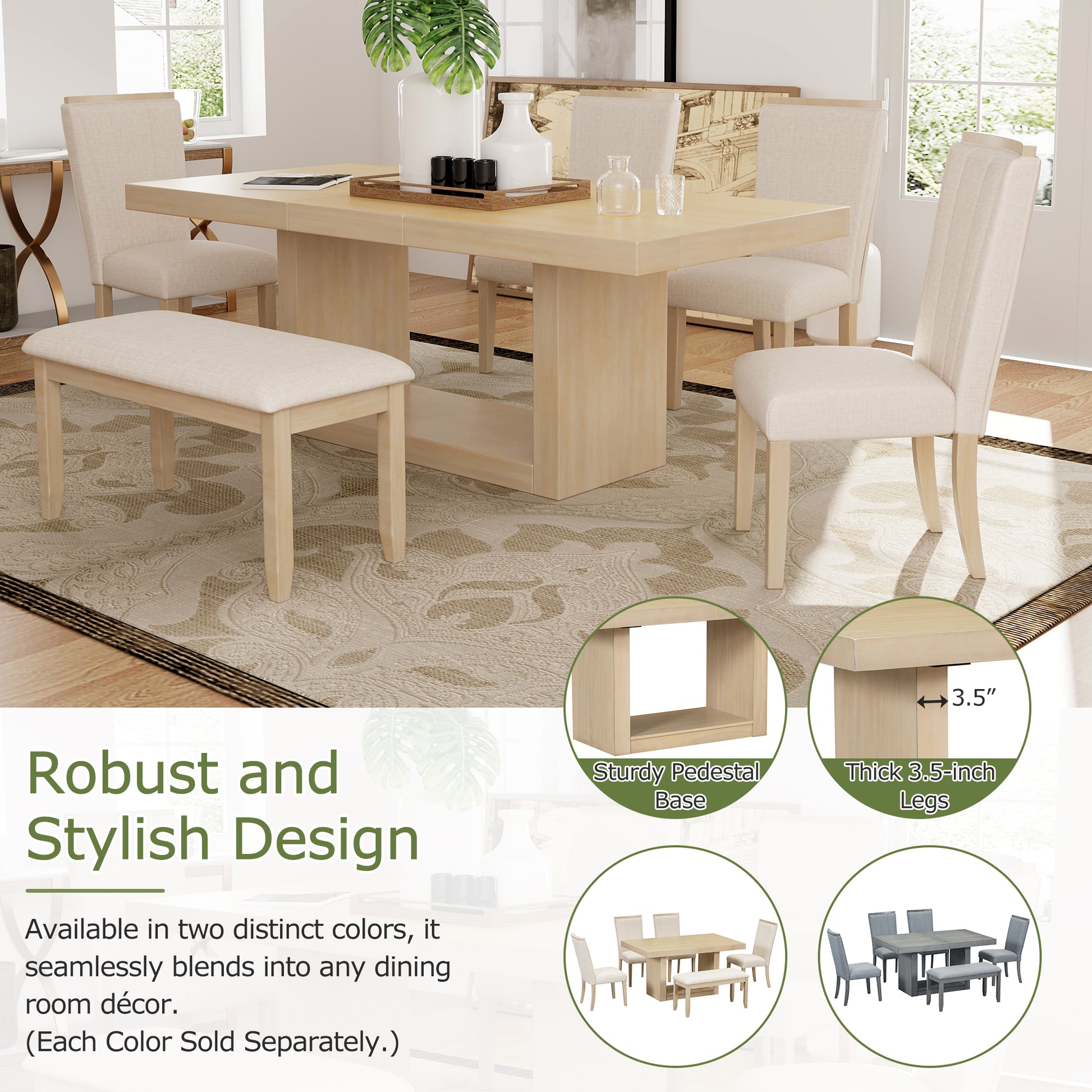 Contemporary 6 Piece 78Inch Extendable Pedestal Dining Table Set With 18Inch Removable Leaf And Dining Bench, 4 Upholstered Dining Chairs, Natural Wood Dining Room Solid Wood Rubberwood Rectangular Dining Table With Chair And Bench Upholstered Chair Wood
