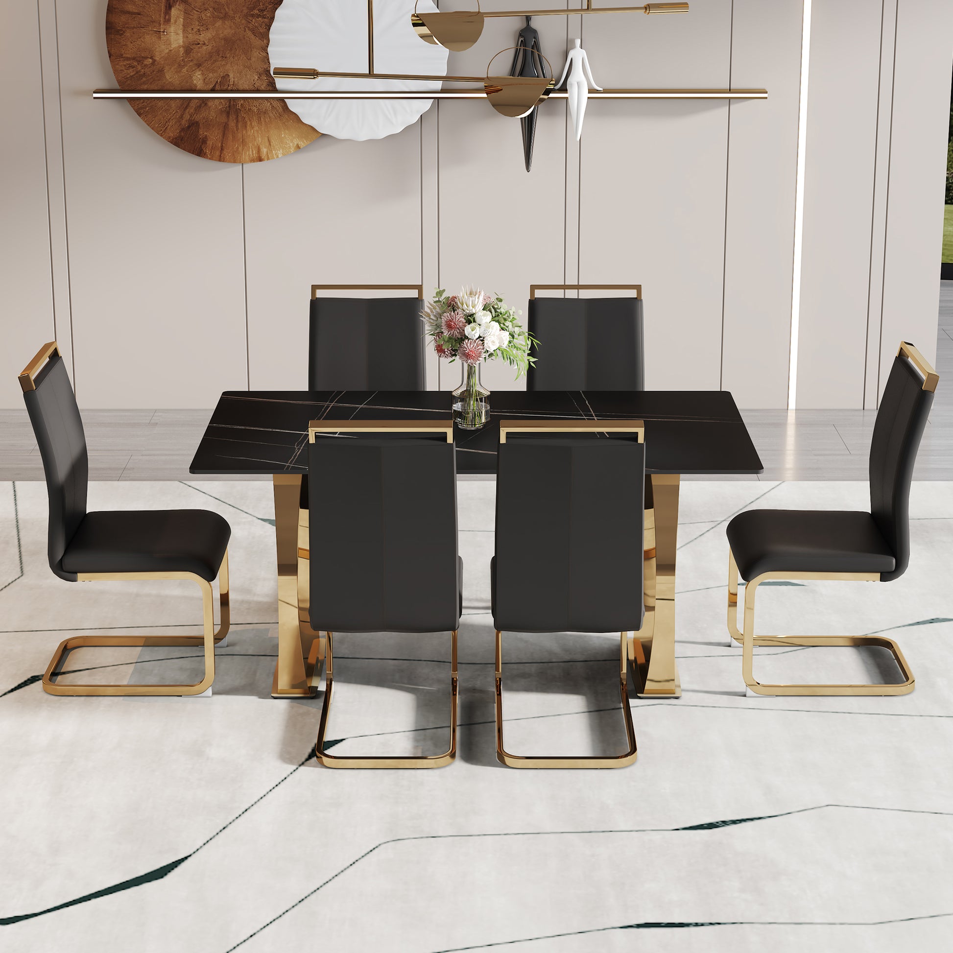 Table And Chair Set,Modern Rectangular Table With 0.4 Inch Black Patterned Tabletop And Gold Legs, Suitable For Kitchen, Dining Room, And Living Roomcomfortable Pu Seats,Perfect For Dinner, Meet Black Seats 6 Sintered Stone