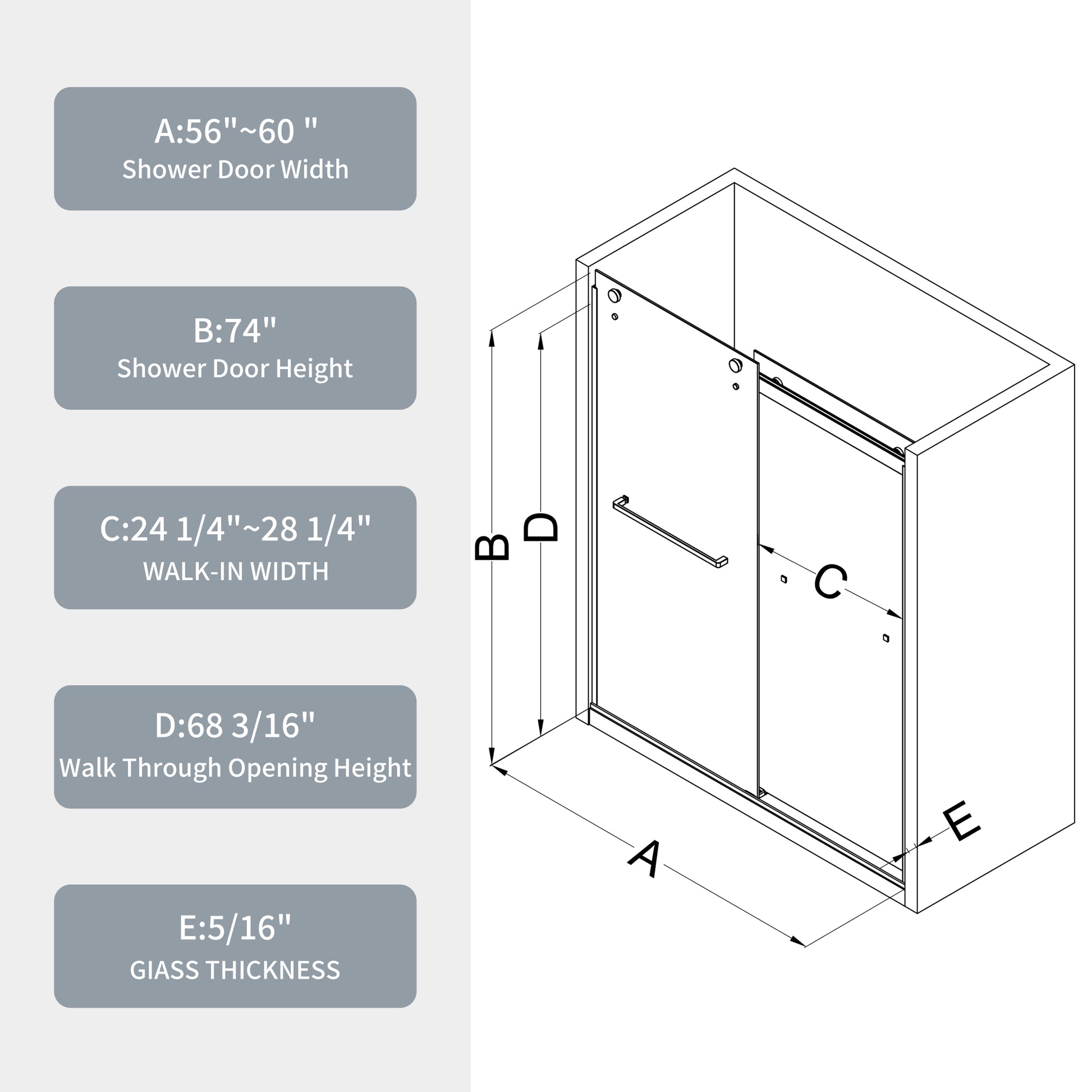 Bypass Shower Door, Sliding Door, With 5 16" Tempered Glass And Matted Black Finish 6074 Matte Black Stainless Steel