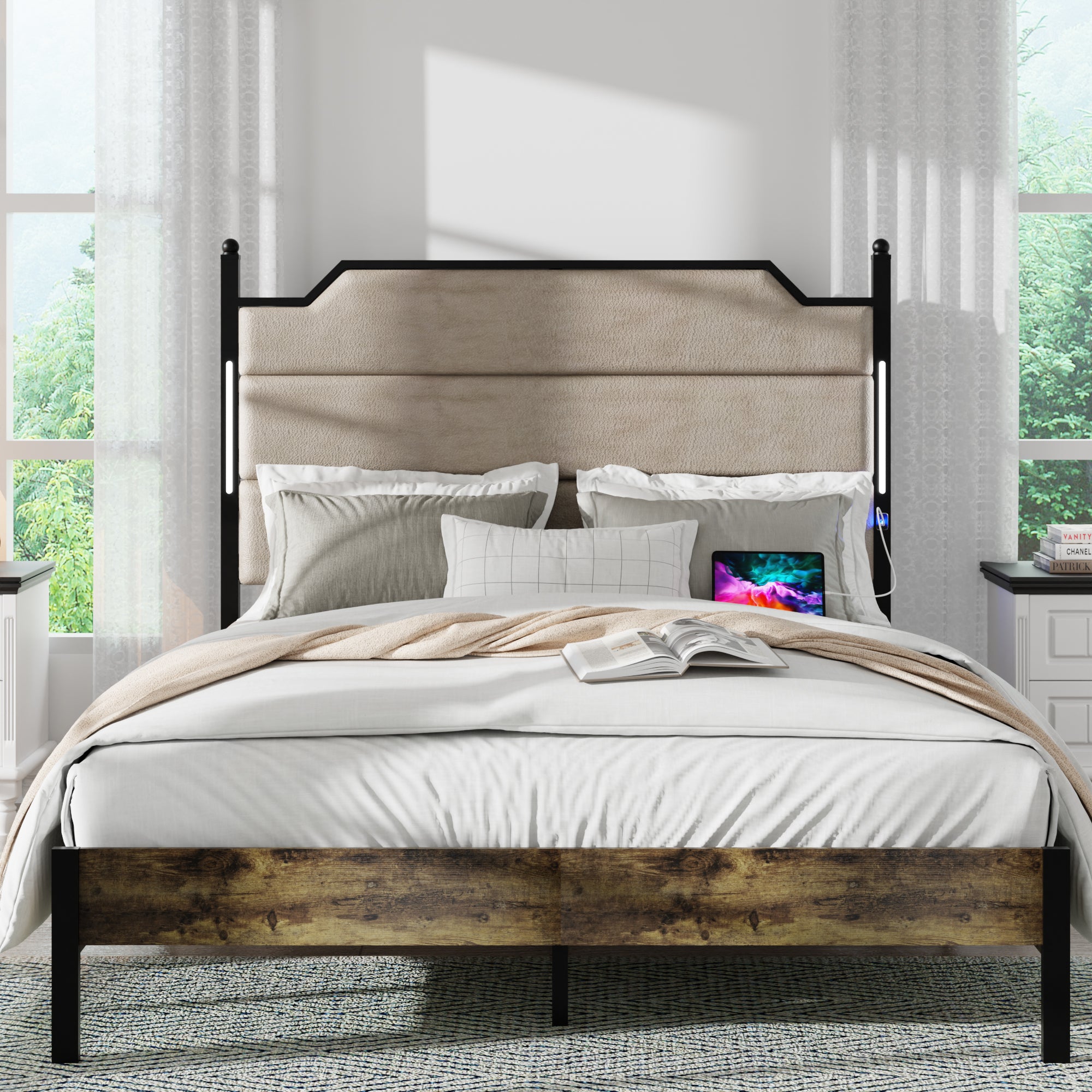 Queen Size Bed Frame With Upholstered Headboardqueen Bed Frame With Charging Station And Led Lights, Wood Slats, Easy Assembly,No Box Spring Needed,Industrial Brown Box Spring Not Required Queen Brown Metal Bedroom Modern Bed Frame Mdf Metal