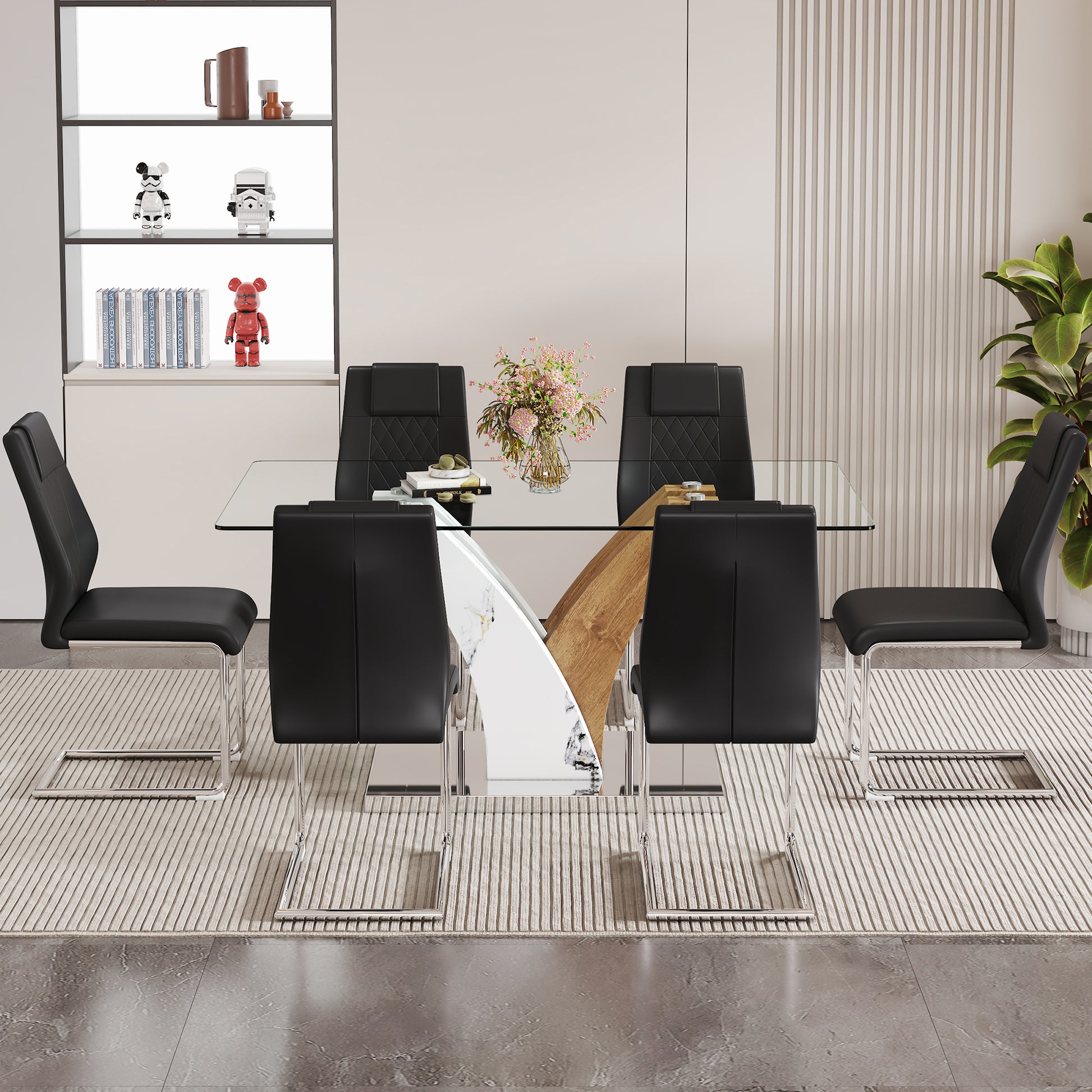 Table And Chair Set.Modern Dining Table, Tempered Glass Countertop With Artistic Mdf Legs.Paried With 6 Comfortable Chairs With Pu Seats And Metal Legs. Suitable For Various Decoration Styles. Black,Transparent Seats 6 Mdf Glass