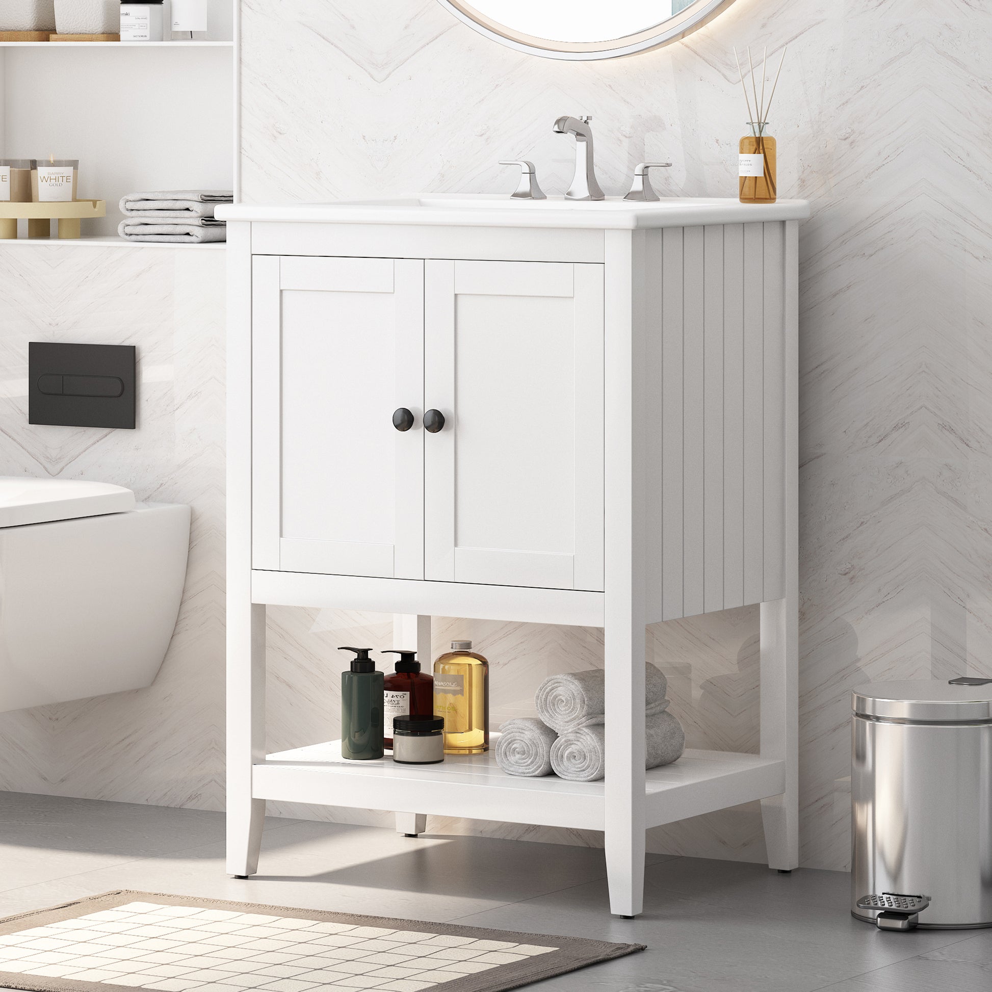 24" White Modern Sleek Bathroom Vanity Elegant Ceramic Sink With Solid Wood Frame Open Style Shelf White Solid Wood