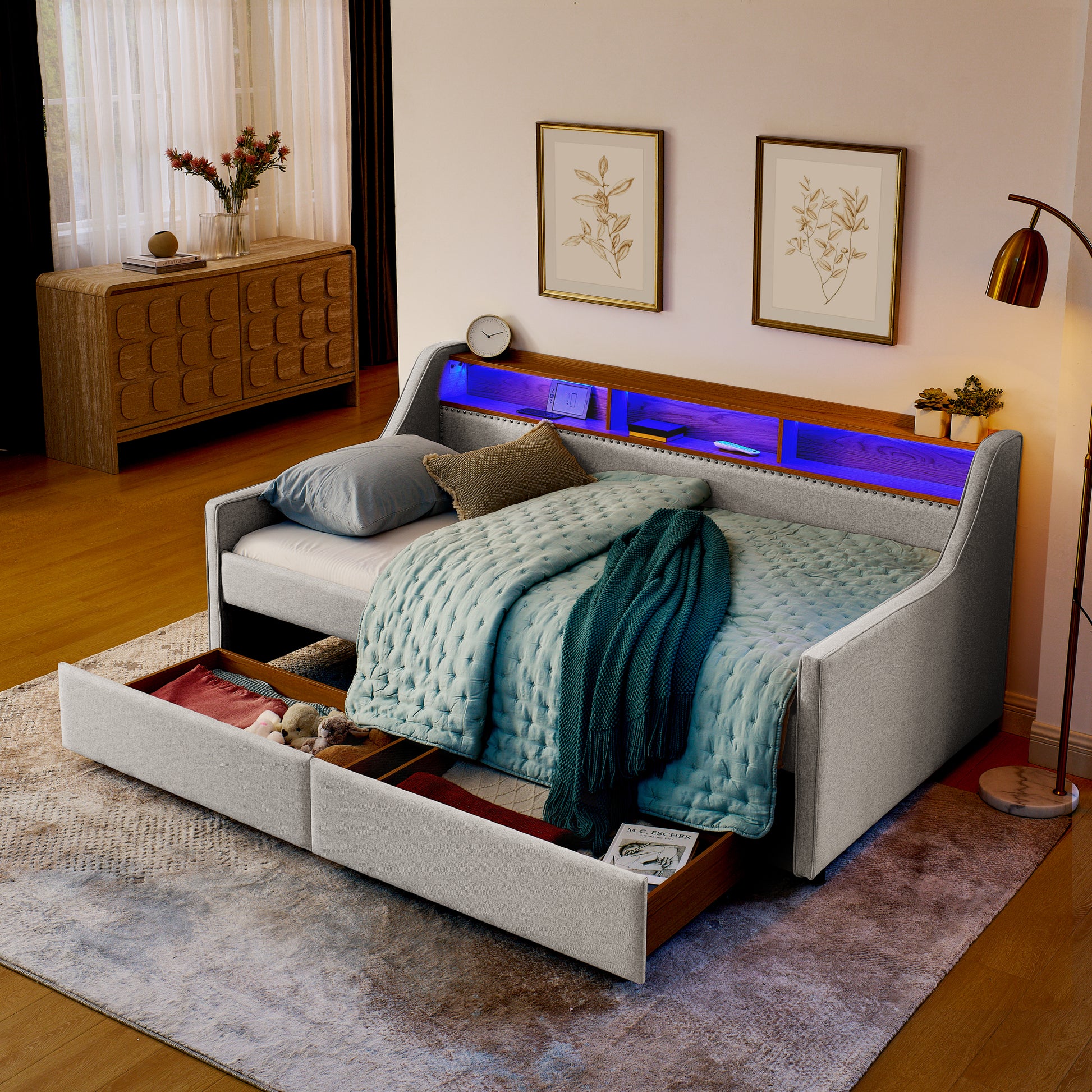 Twin Size Upholstery Sofa Bed With Three Led Lights, With Storage Adjustable Headboard, With Two Storage Pull Up Drawers And Wireless Charging, Linen Padded Sofa Bed Frame, Beige Box Spring Not Required Twin Beige Composite Bedroom Classic Eucalyptus