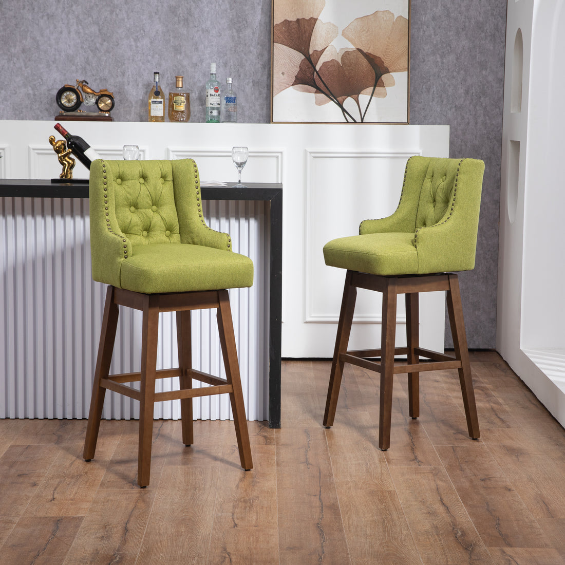 Coolmore Bar Stools Set Of 2 Counter Height Chairs With Footrest For Kitchen, Dining Room And 360 Degree Solid Wood Legs Swivel Bar Stools Set Of 2 Olive Linen Olive Foam Linen
