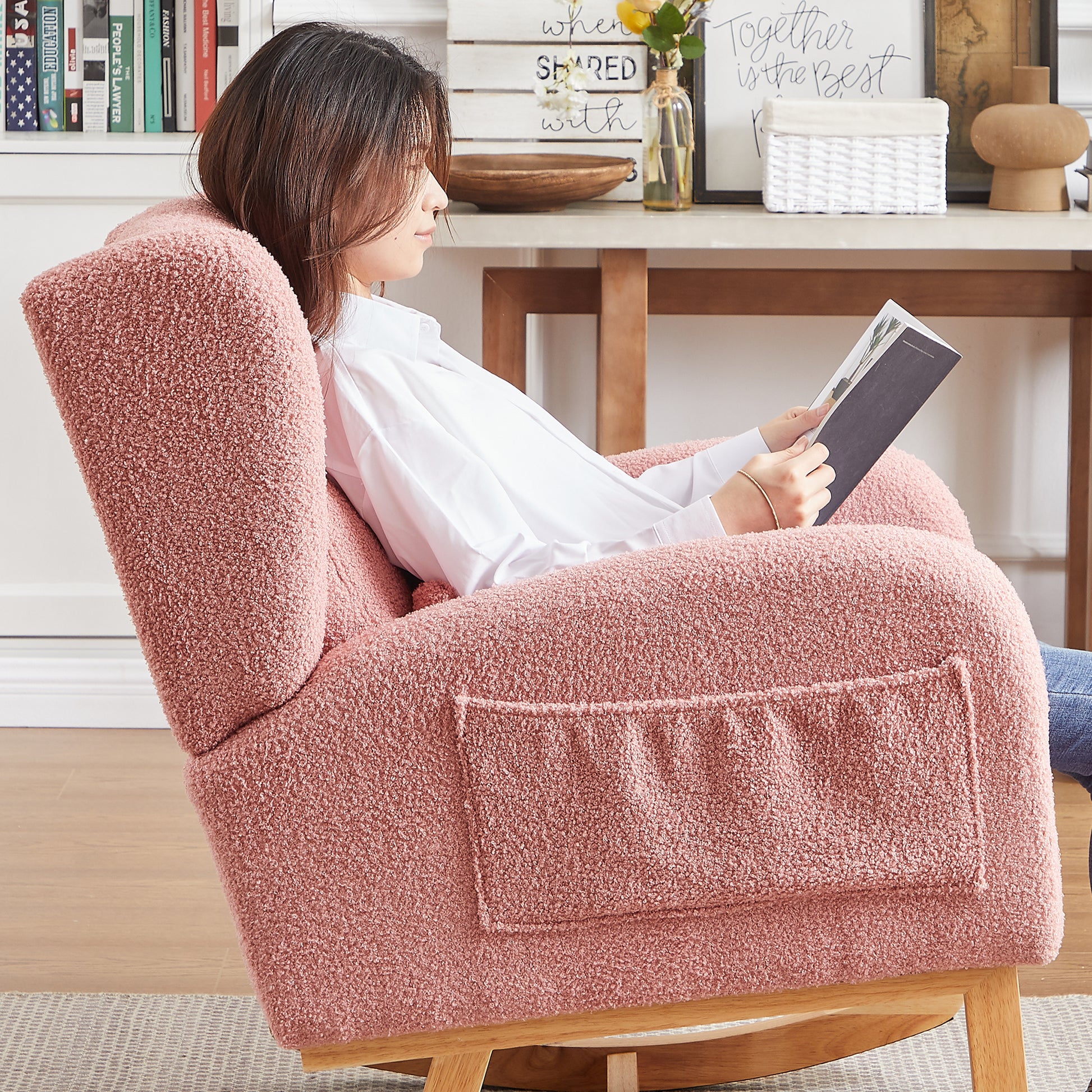 27.2"W Modern Accent High Backrest Living Room Lounge Arm Rocking Chair, Two Side Pocket Pink Foam Fabric
