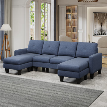 U Shaped Sofa Coch 4 Seat Sofa With Chaise Polyester Fabric For Living Room Apartment Office Blue Blue Primary Living Space Soft Eucalyptus Foam Linen 4 Seat